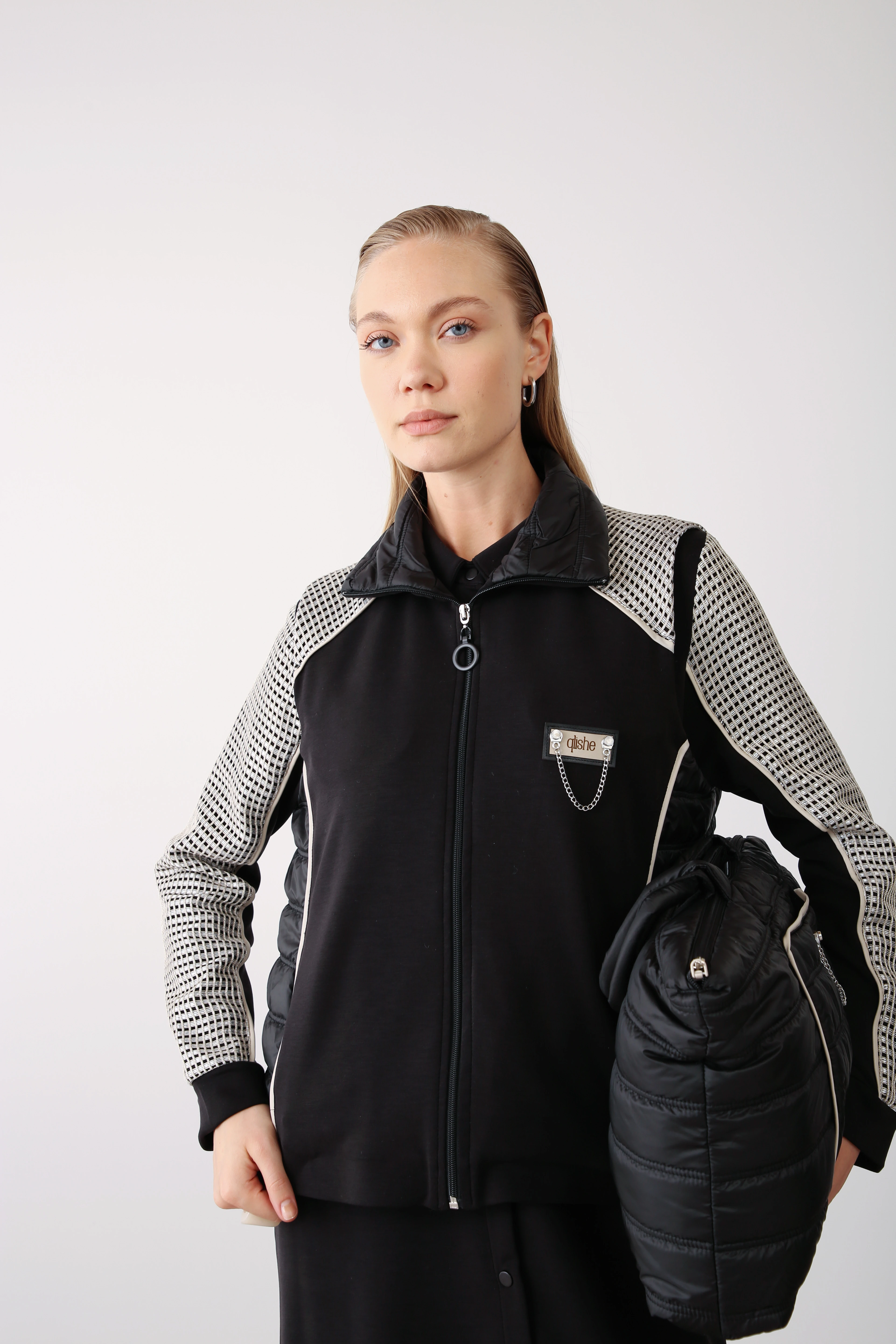 Desenli File Detaylı Yelek ve Elbise İkili Takım