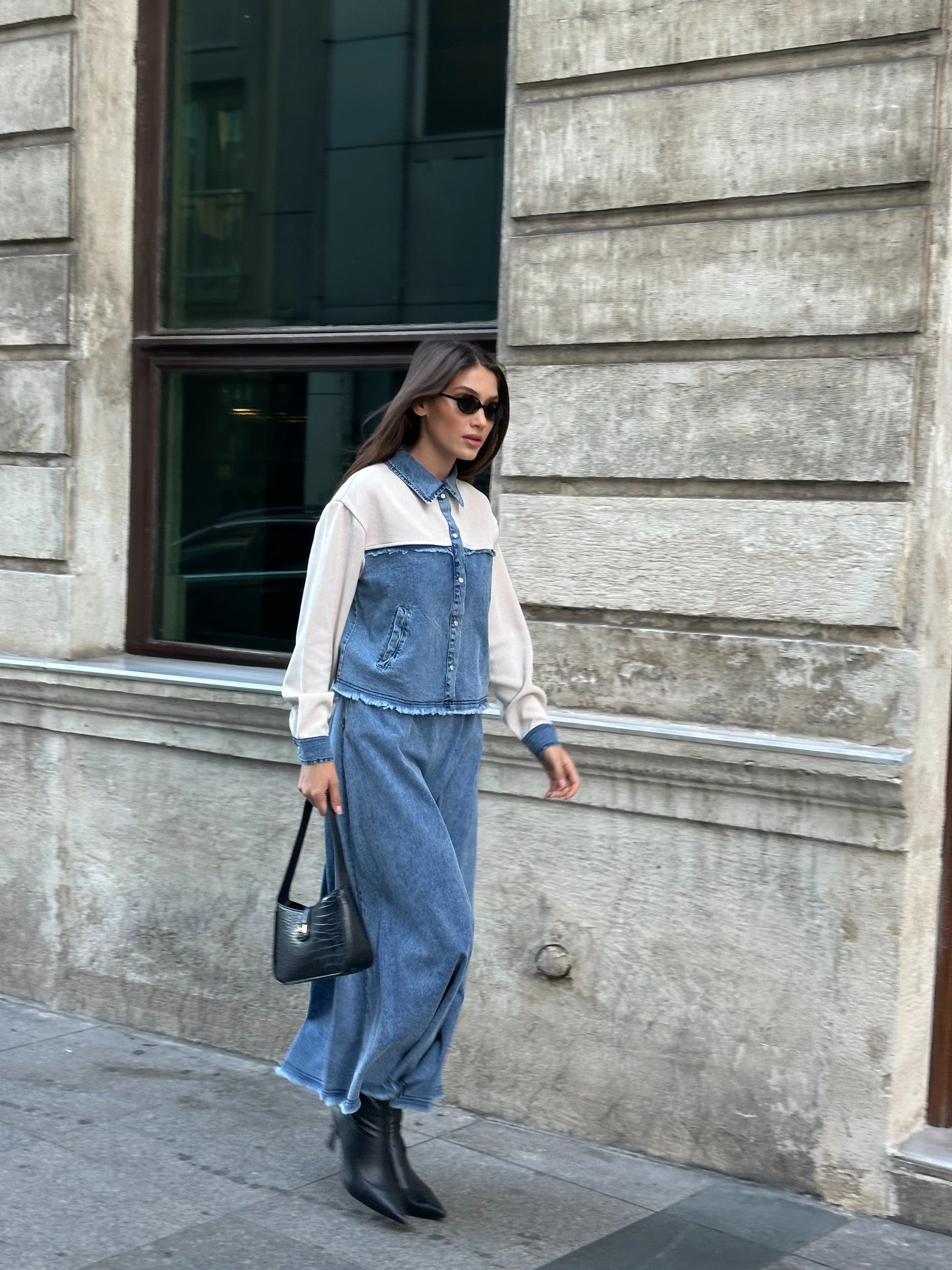 Kontrast Detaylı Yumuşak Denim Uzun Etek Takım