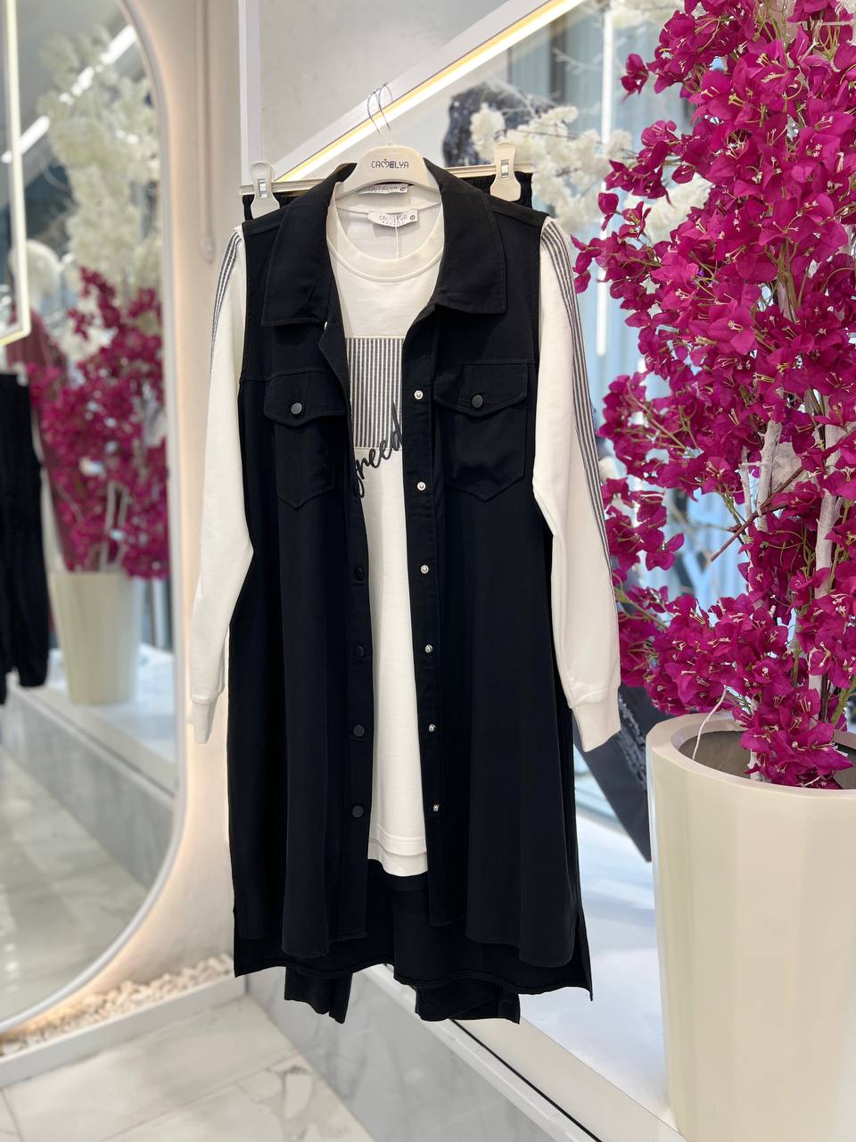 Tensel Kumaş Önü Düğmeli Uzun Yelekli Üçlü Takım