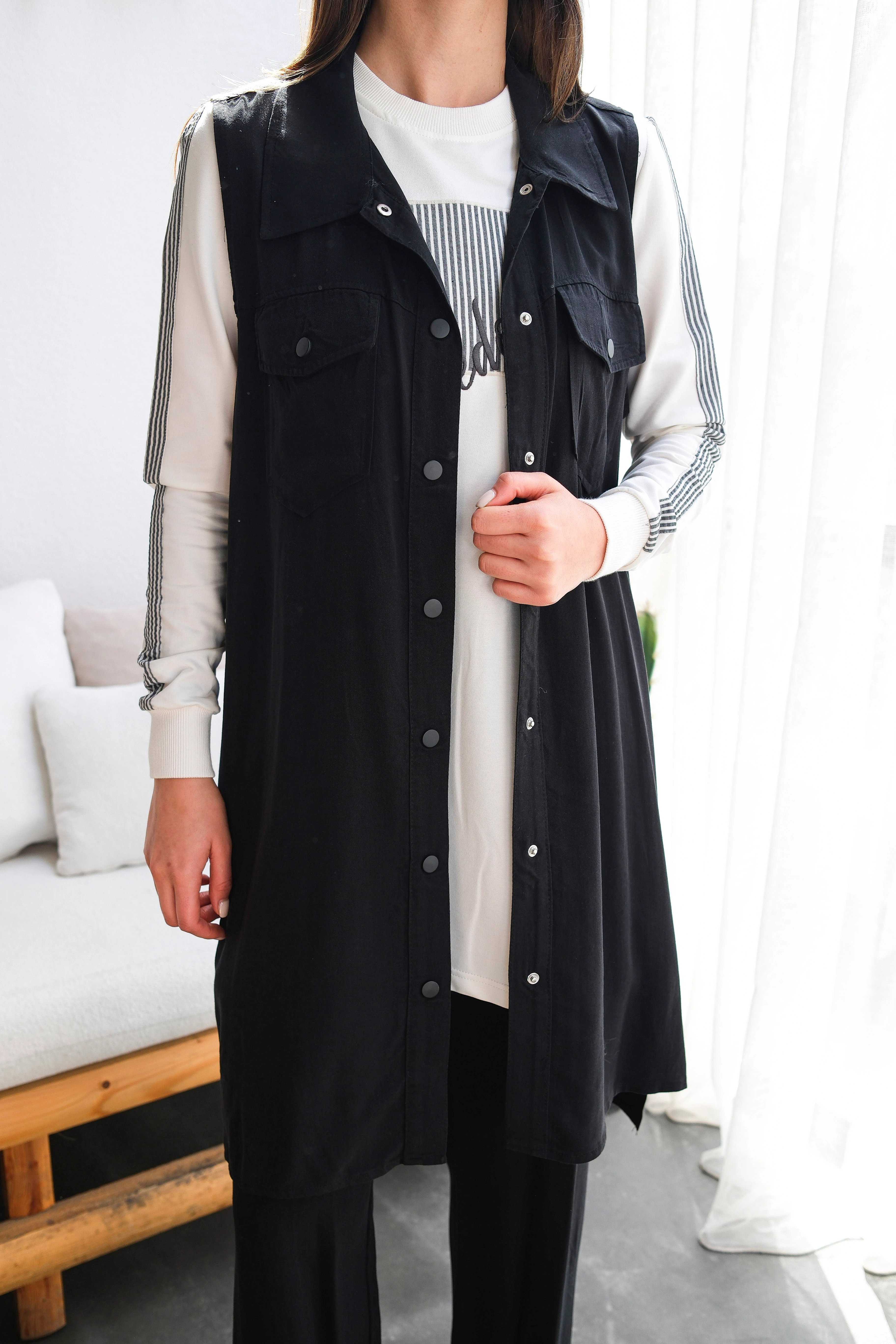 Tensel Kumaş Önü Düğmeli Uzun Yelekli Üçlü Takım