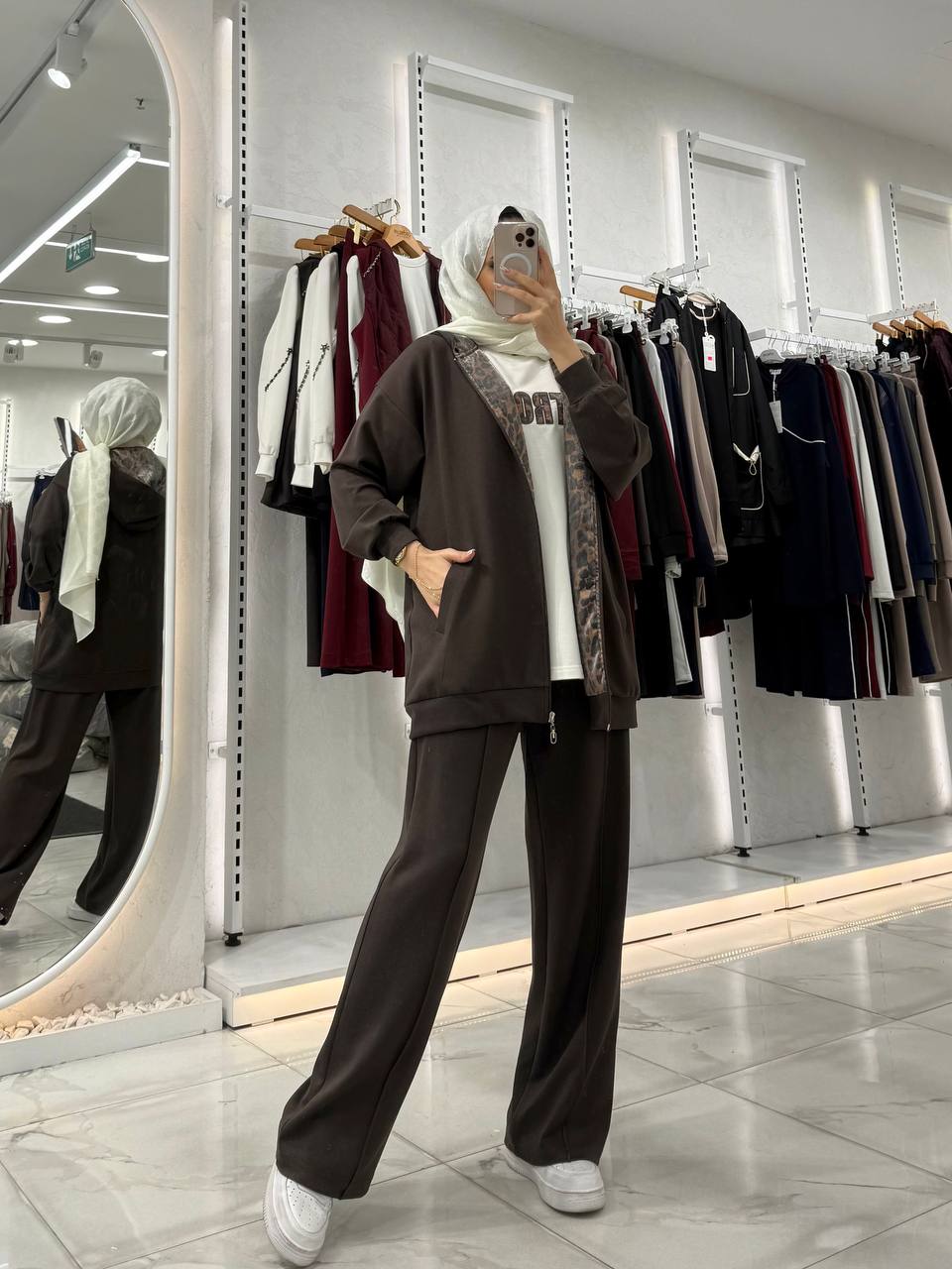 Leopar Detaylı Fermuarlı Üçlü Takım - Kahve