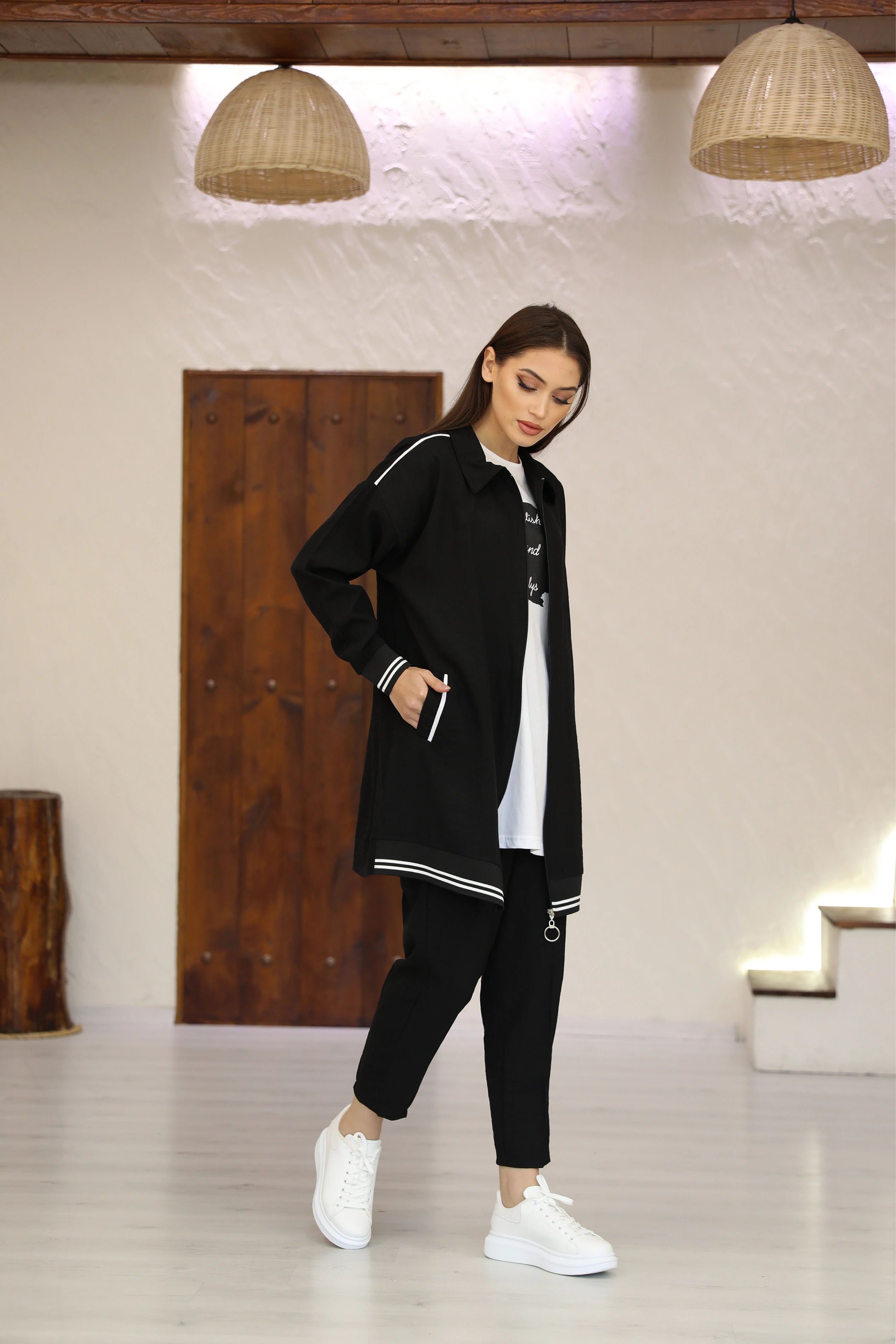 Büyük Beden Şerit Detaylı Fermuarlı Uzun Ceketli Üçlü Takım