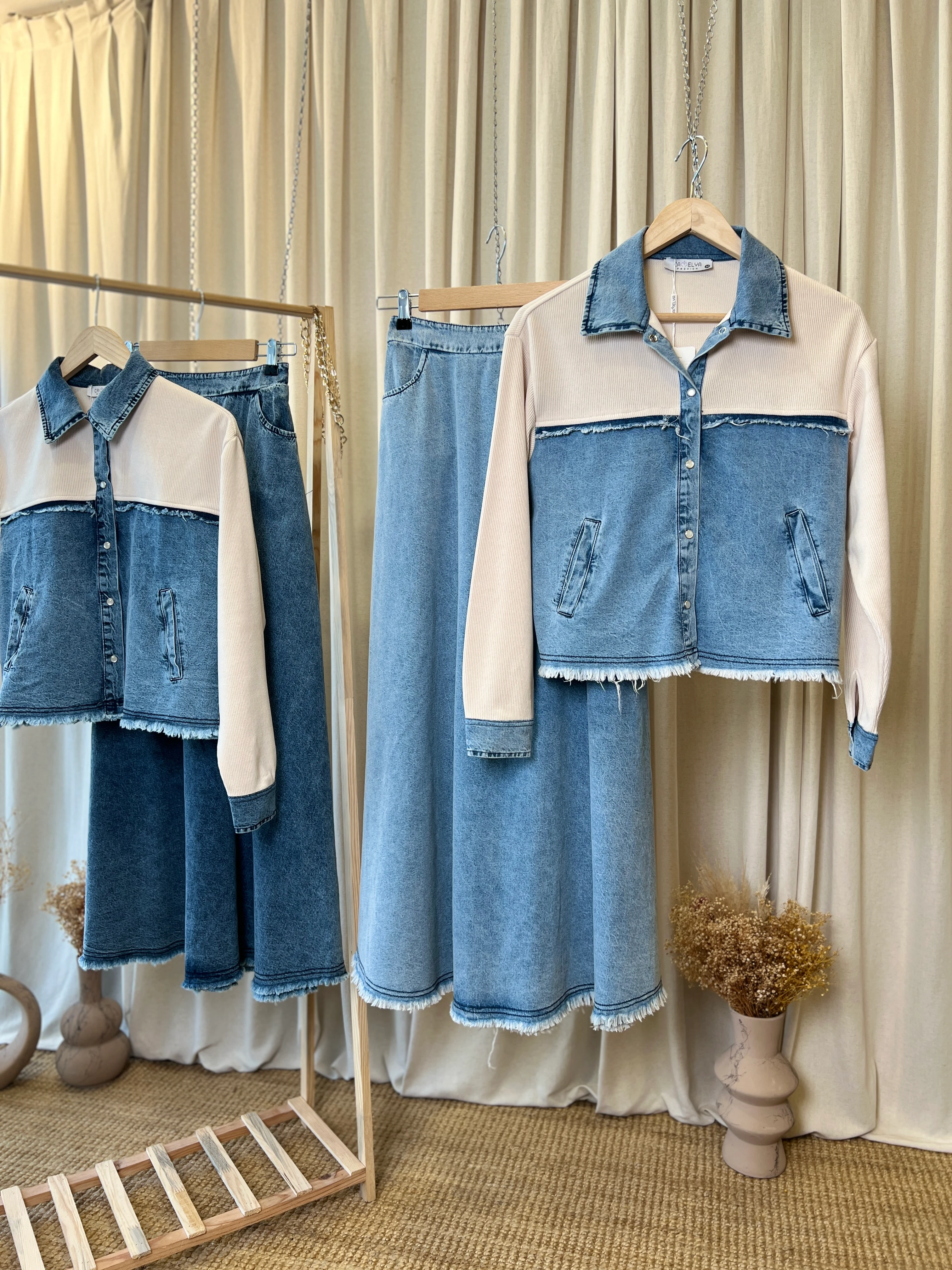 Kontrast Detaylı Yumuşak Denim Uzun Etek Takım