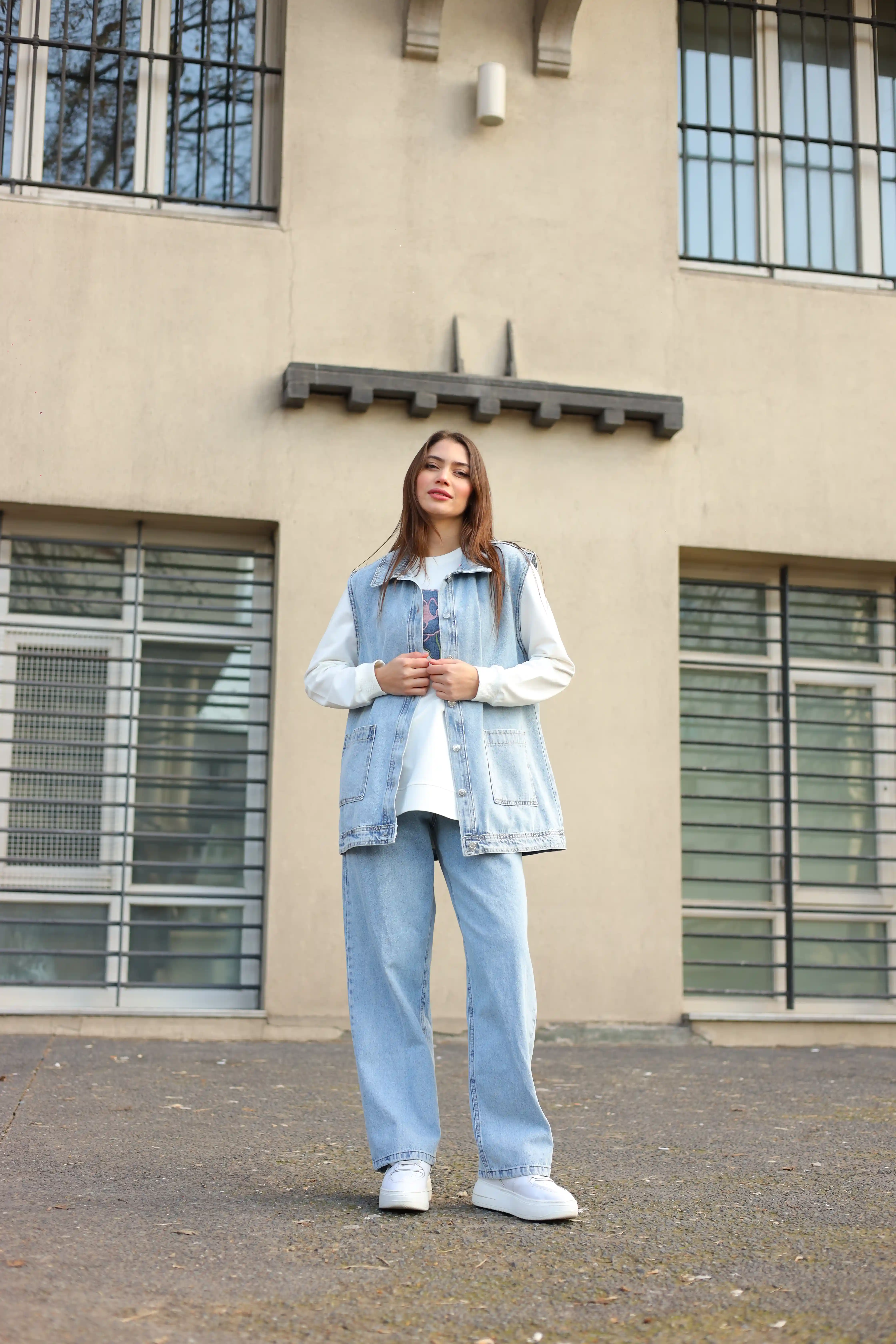 Kot Kumaş Rahat Kesim Cepli Yelekli Üçlü Takım