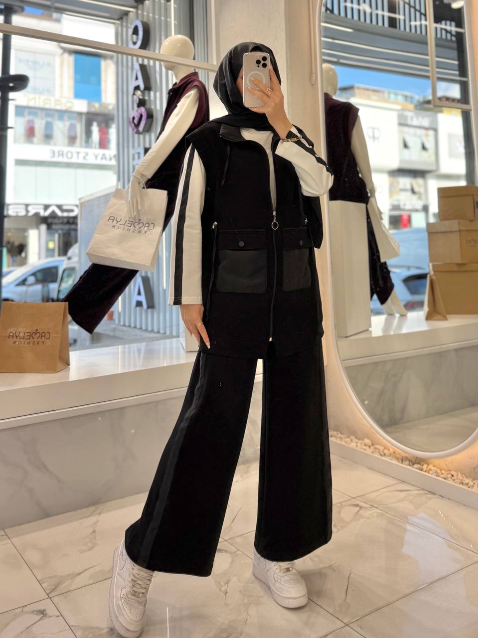 Cepli Fermuarlı Yelekli Çizgi Kollu Üçlü Takım