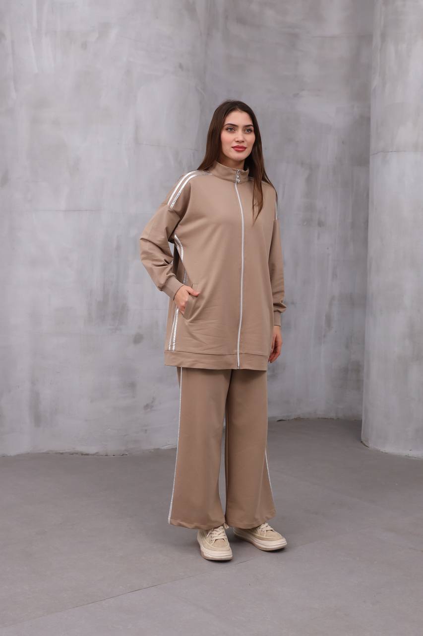 Pamuksu Esnek Kumaş Şerit Detaylı Fermuarlı İkili Takım - Vizon