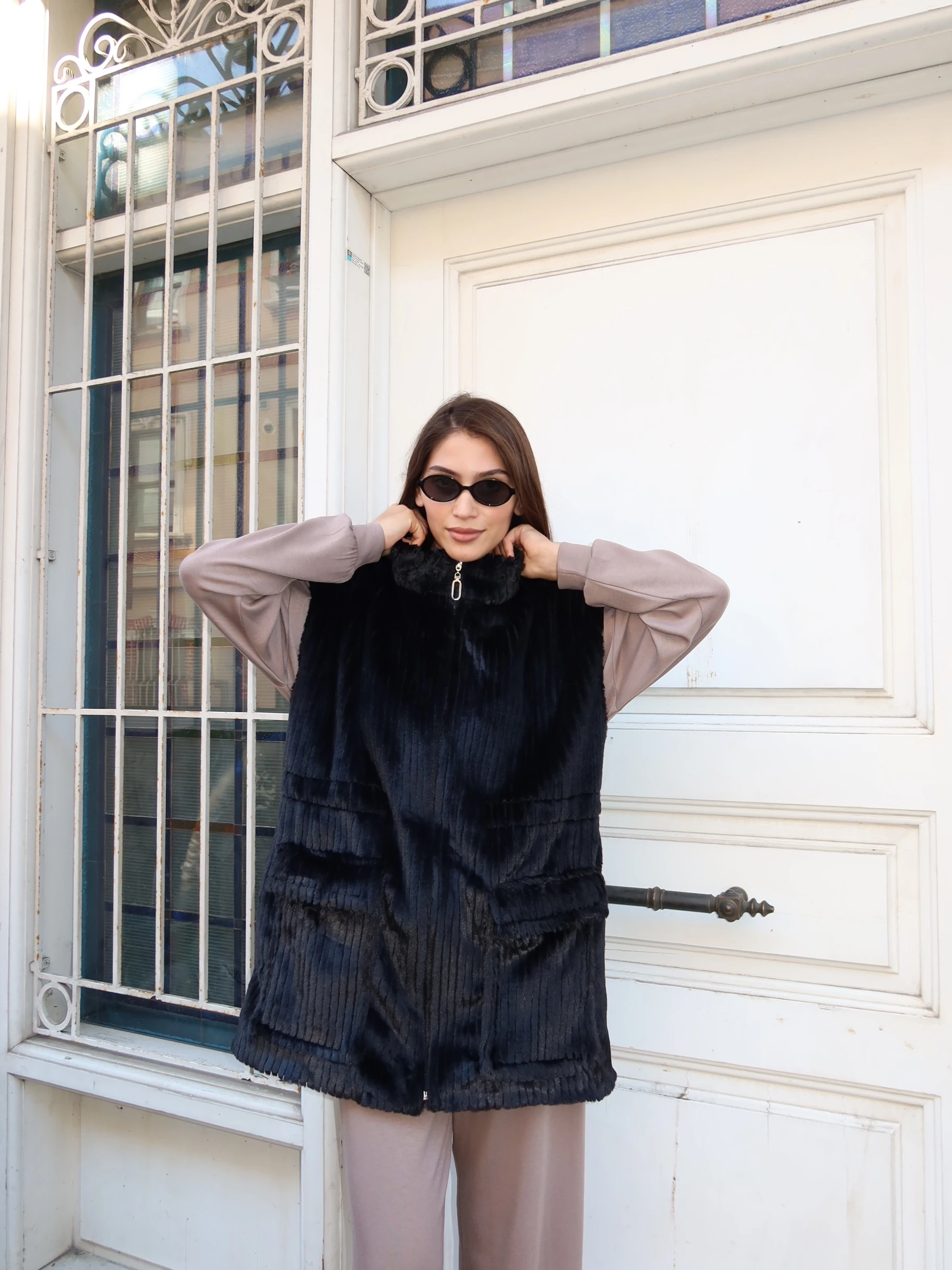 Peluş Fitilli Cepli Fermuarlı Yelek