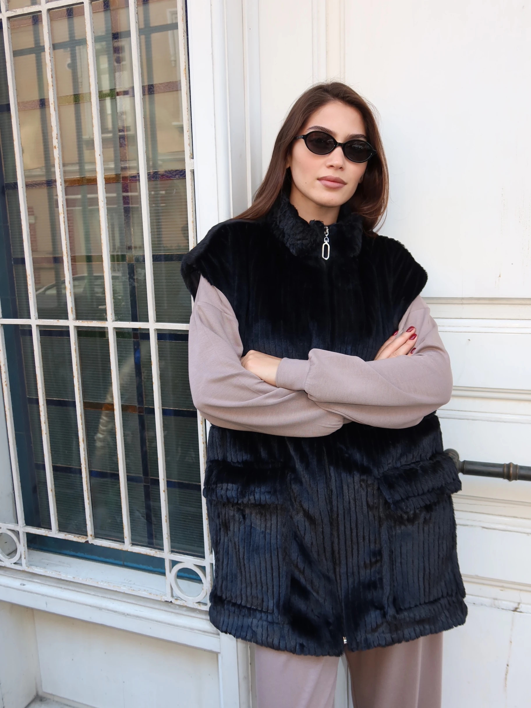 Peluş Fitilli Cepli Fermuarlı Yelek