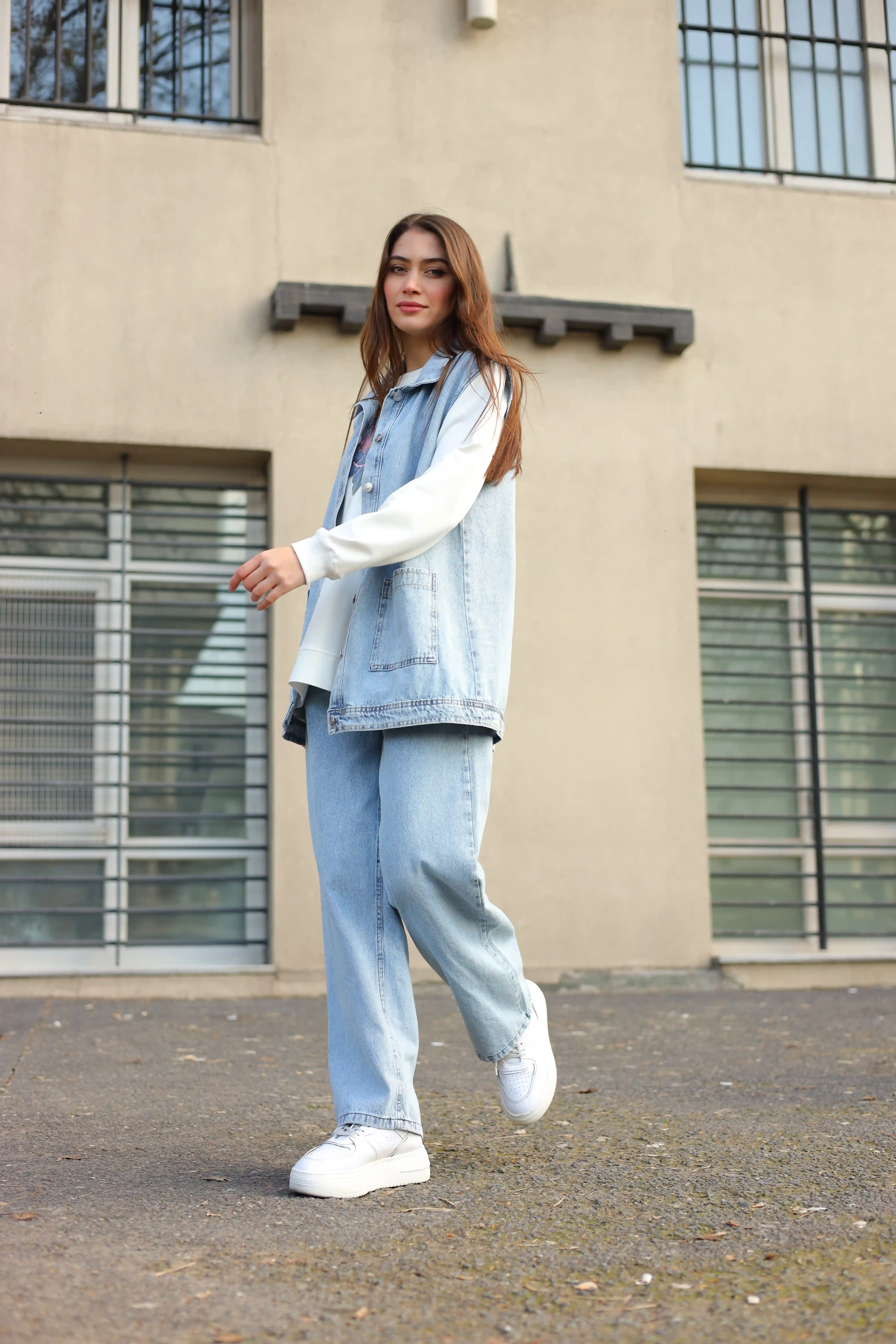 Kot Kumaş Rahat Kesim Cepli Yelekli Üçlü Takım