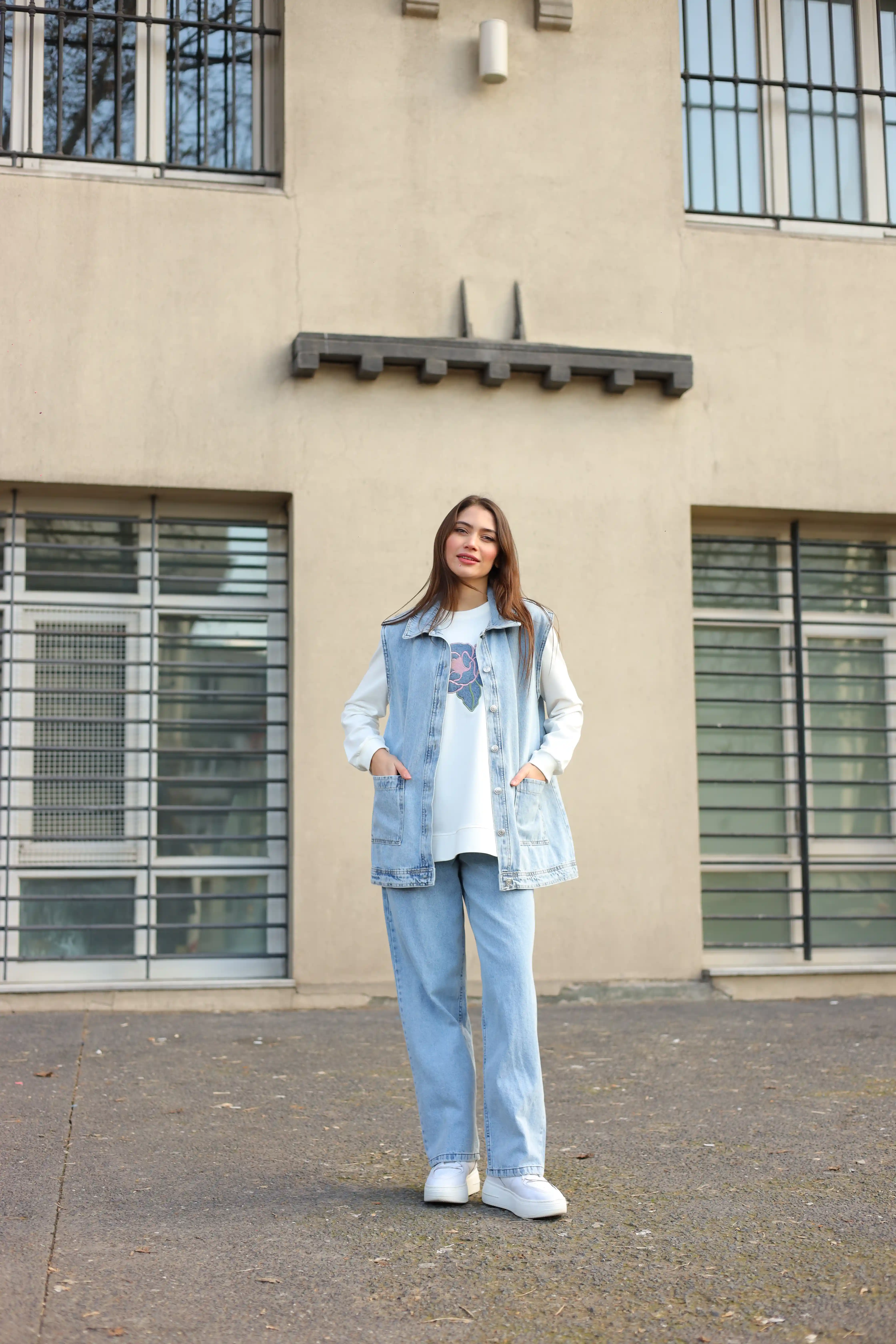 Kot Kumaş Rahat Kesim Cepli Yelekli Üçlü Takım - Kar Yıkama