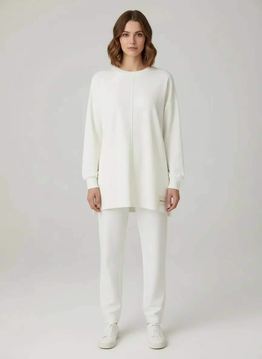 Akıcı Formlu Modern Kesim Yan Detaylı Uzun Tunik - Ekru