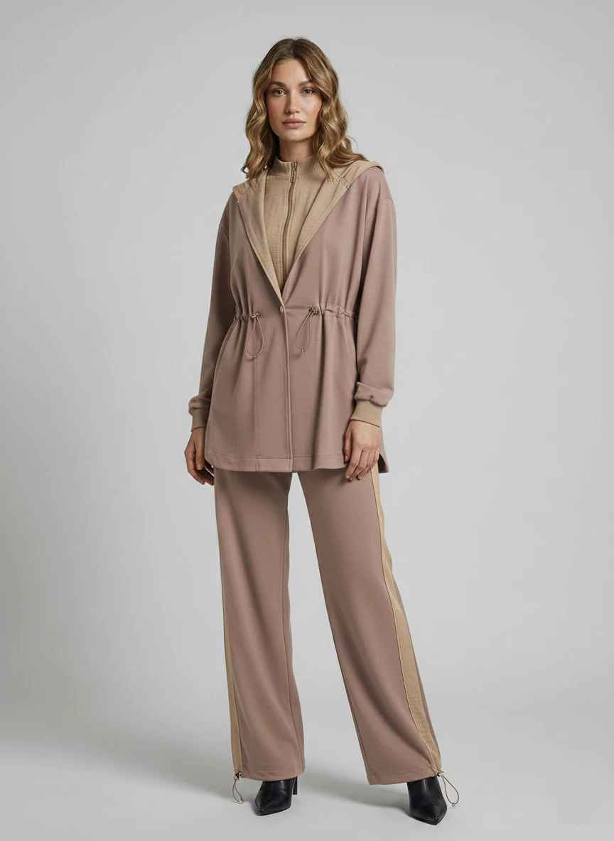 Pamuk Karışımlı Ayarlanabilir Bağcıklı Kapüşonlu İkili Takım - Vizon