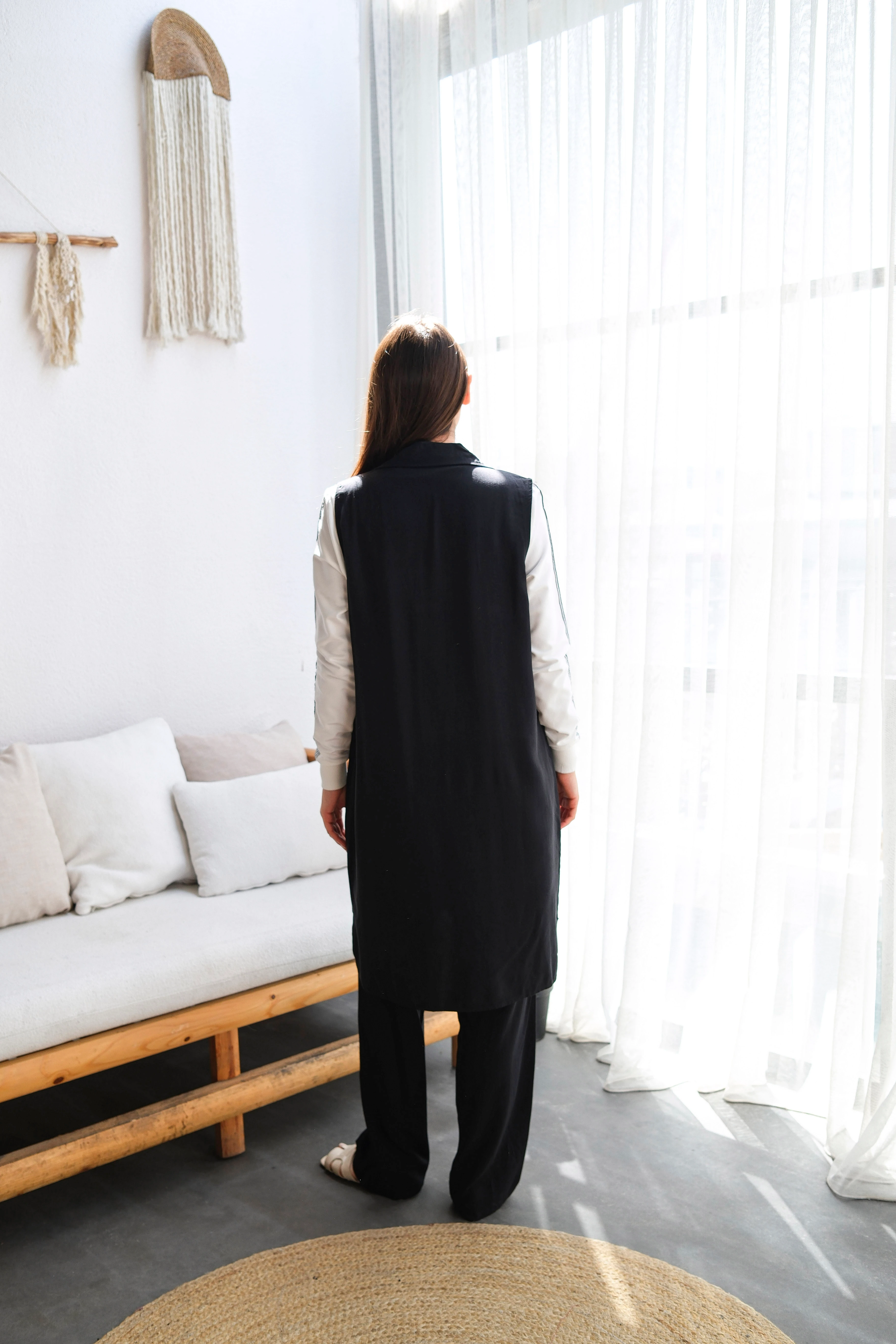 Tensel Kumaş Önü Düğmeli Uzun Yelekli Üçlü Takım