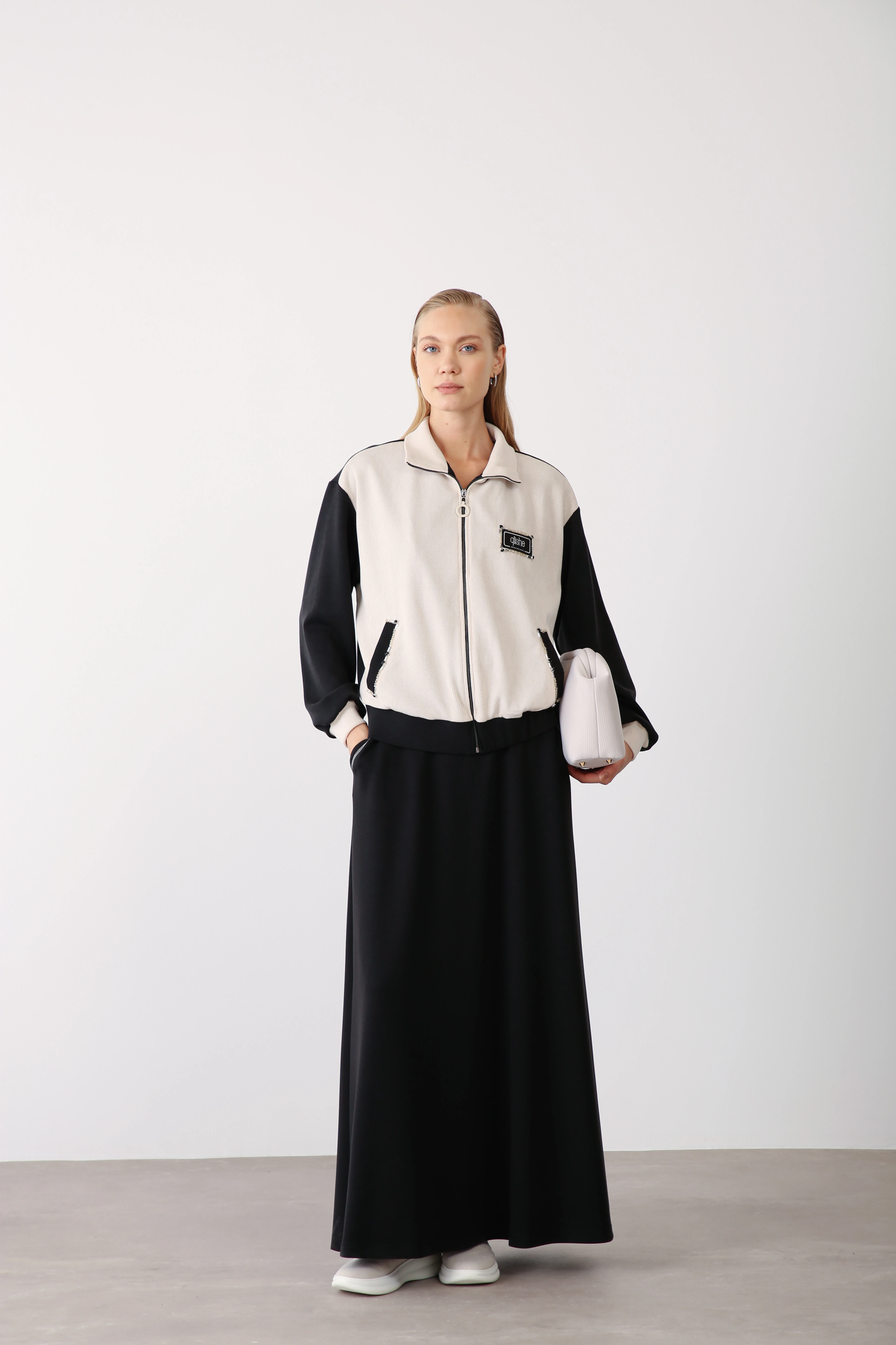 Likralı Fermuarlı Biyeli Ceket Etek Takım - Siyah