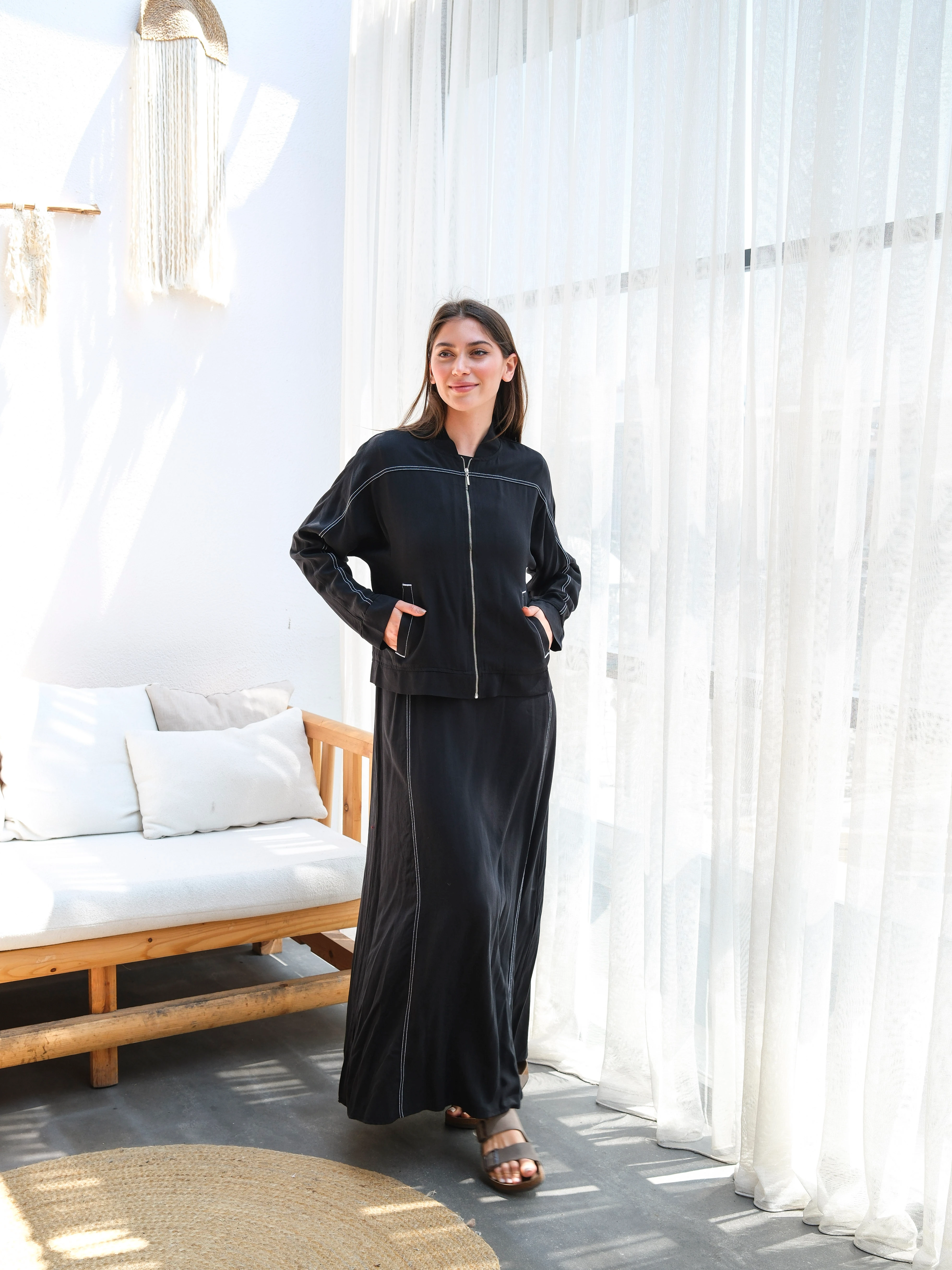 Tensel Zarif Dikiş Detaylı Rahat Kesim İkili Elbise