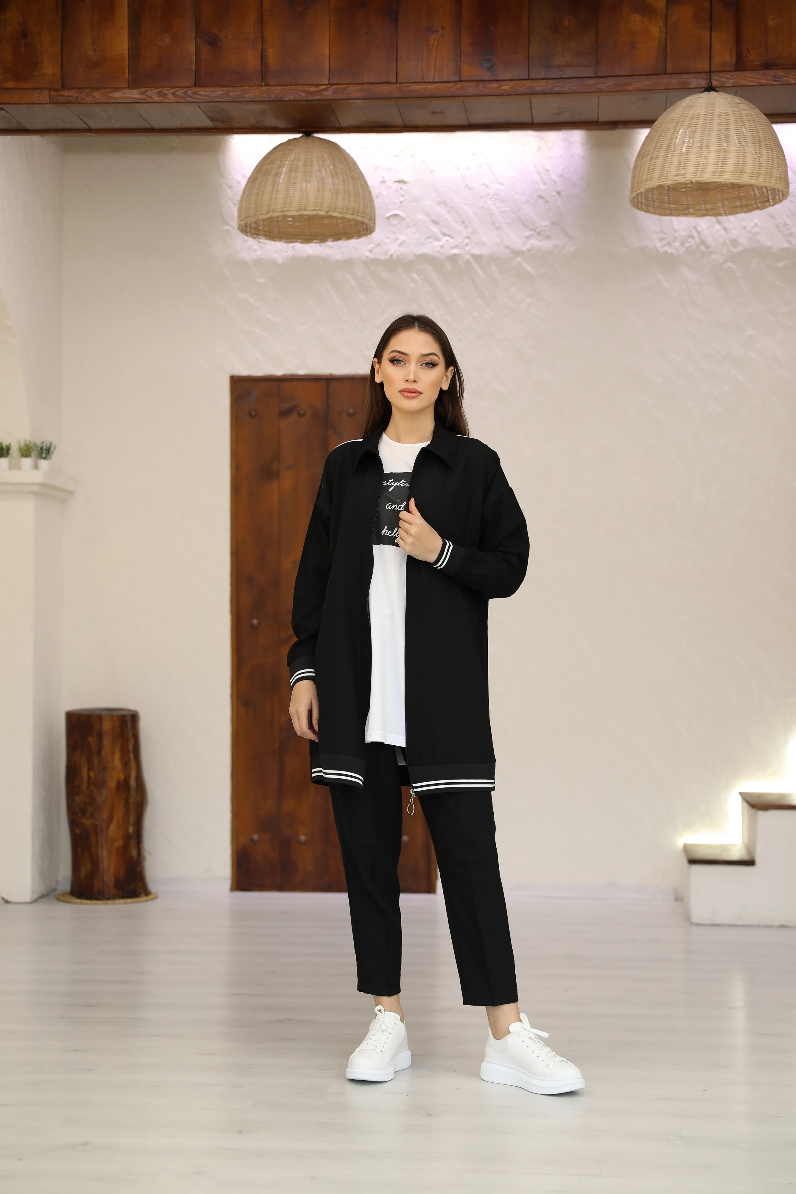 Büyük Beden Şerit Detaylı Fermuarlı Uzun Ceketli Üçlü Takım