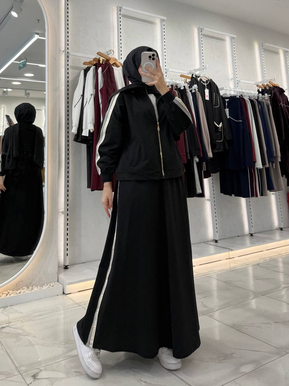 Parlak Şeritli Fermuarlı Üçlü Etek Takım - Siyah