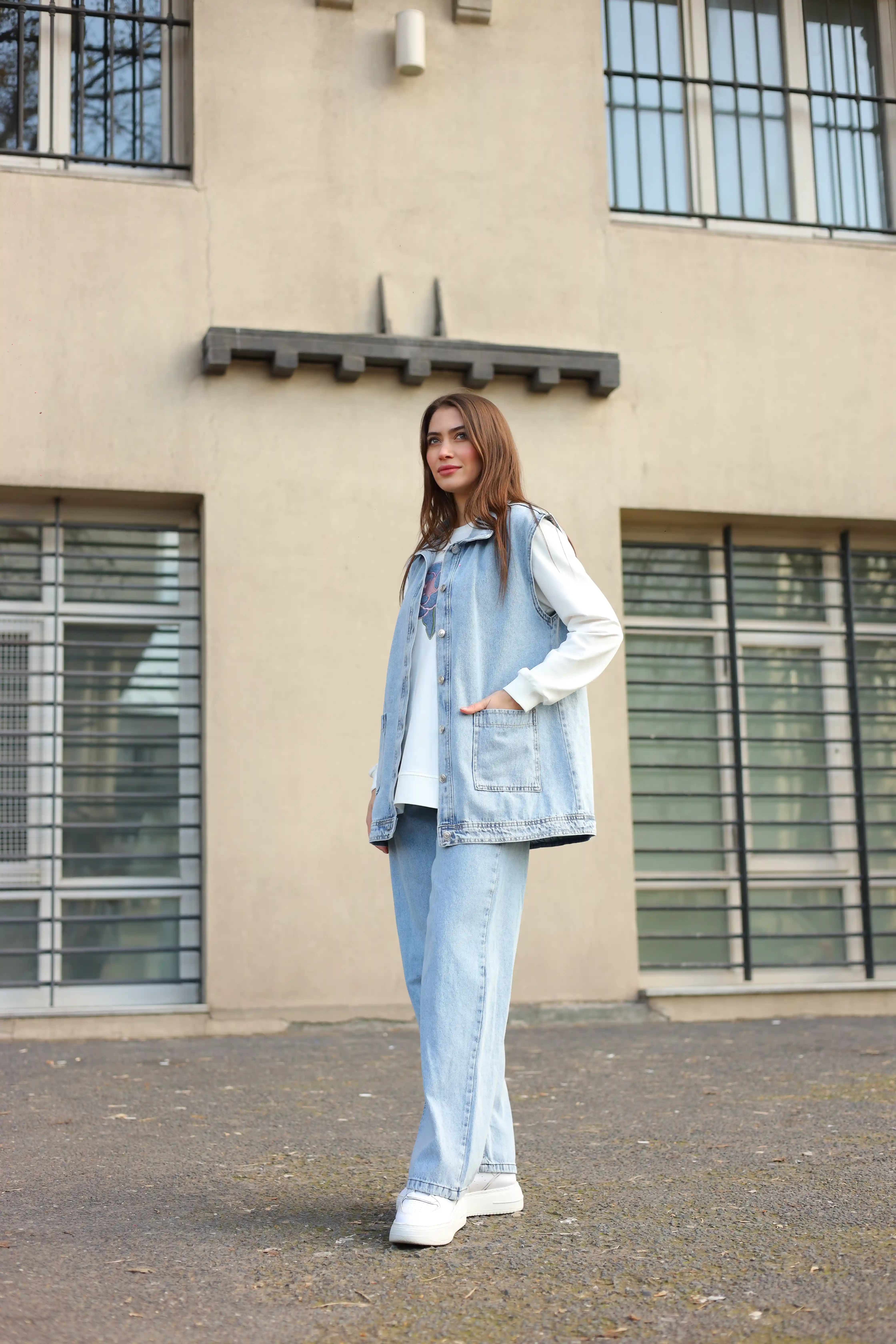 Kot Kumaş Rahat Kesim Cepli Yelekli Üçlü Takım