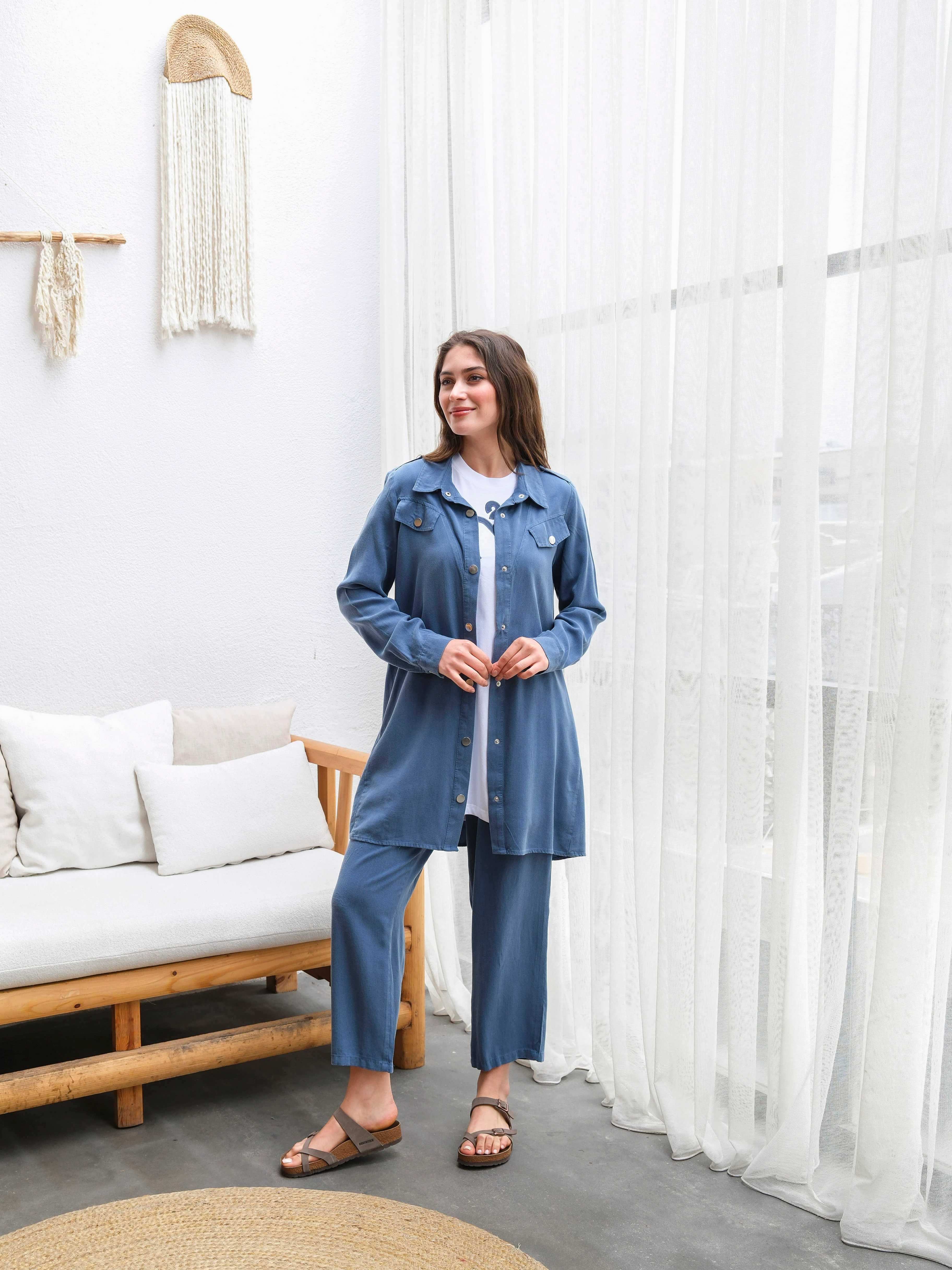 Büyük Beden Tensel Yumuşak Kumaş Rahat Kesim Üçlü Takım - İndigo