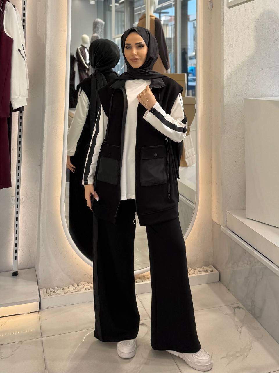 Cepli Fermuarlı Yelekli Çizgi Kollu Üçlü Takım