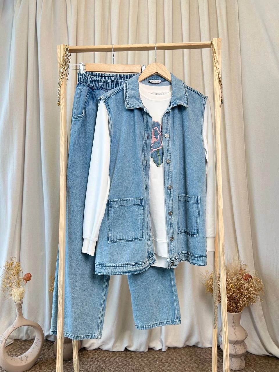 Kot Kumaş Rahat Kesim Cepli Yelekli Üçlü Takım