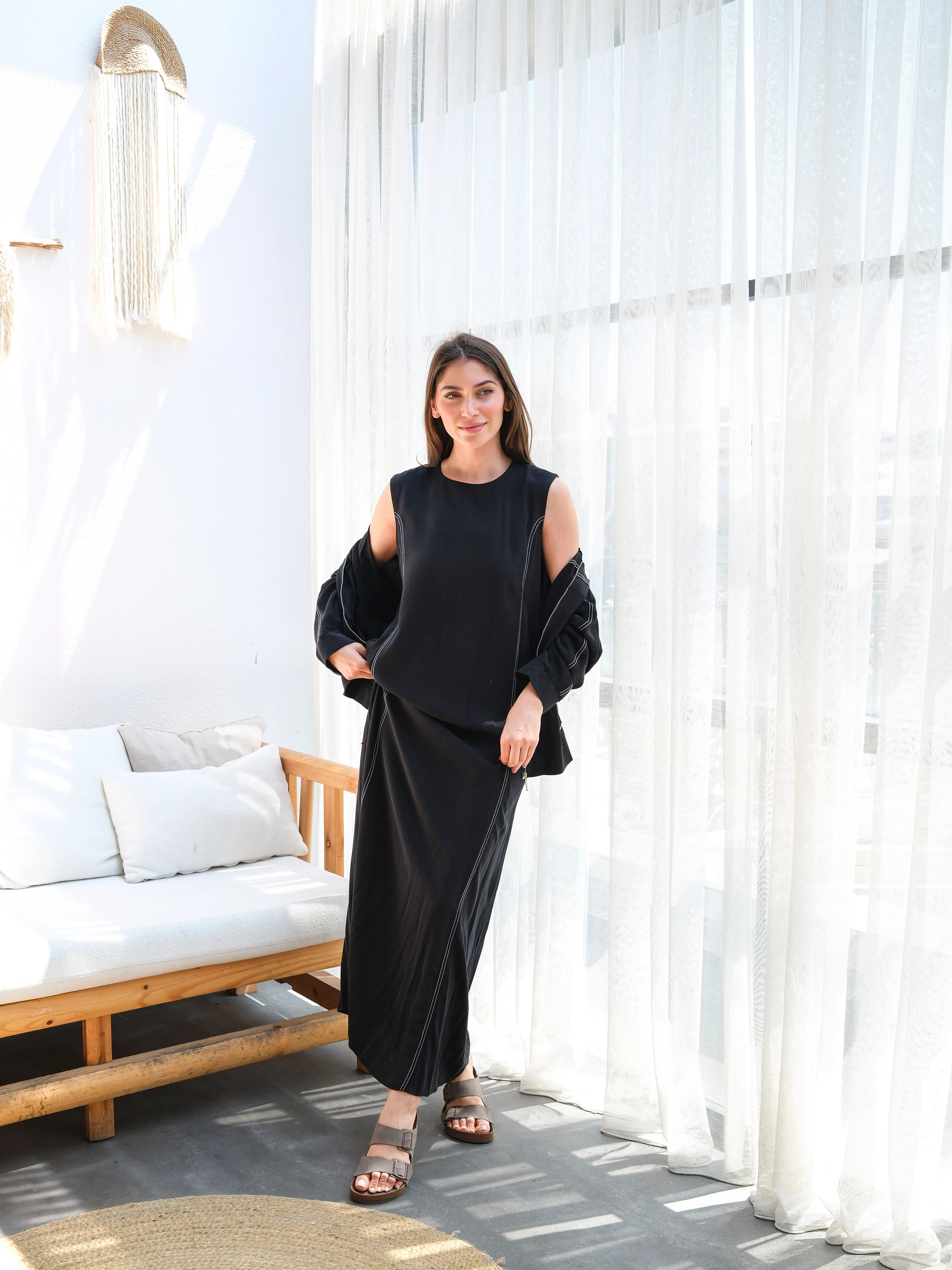 Tensel Zarif Dikiş Detaylı Rahat Kesim İkili Elbise