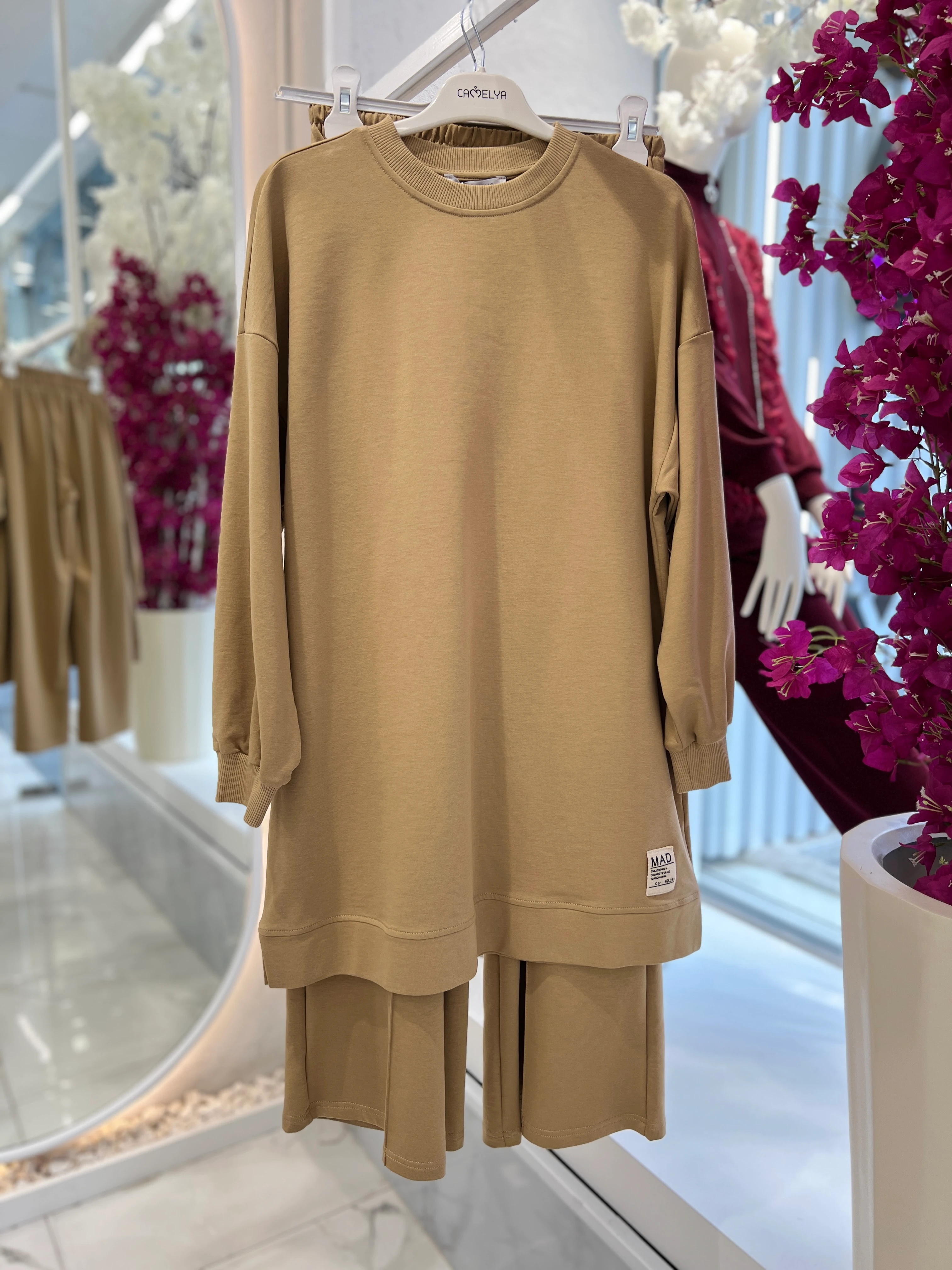 İki İplik Basic Uzun Sweat ve Düz Paça Pantolon İkili Takım - Vizon