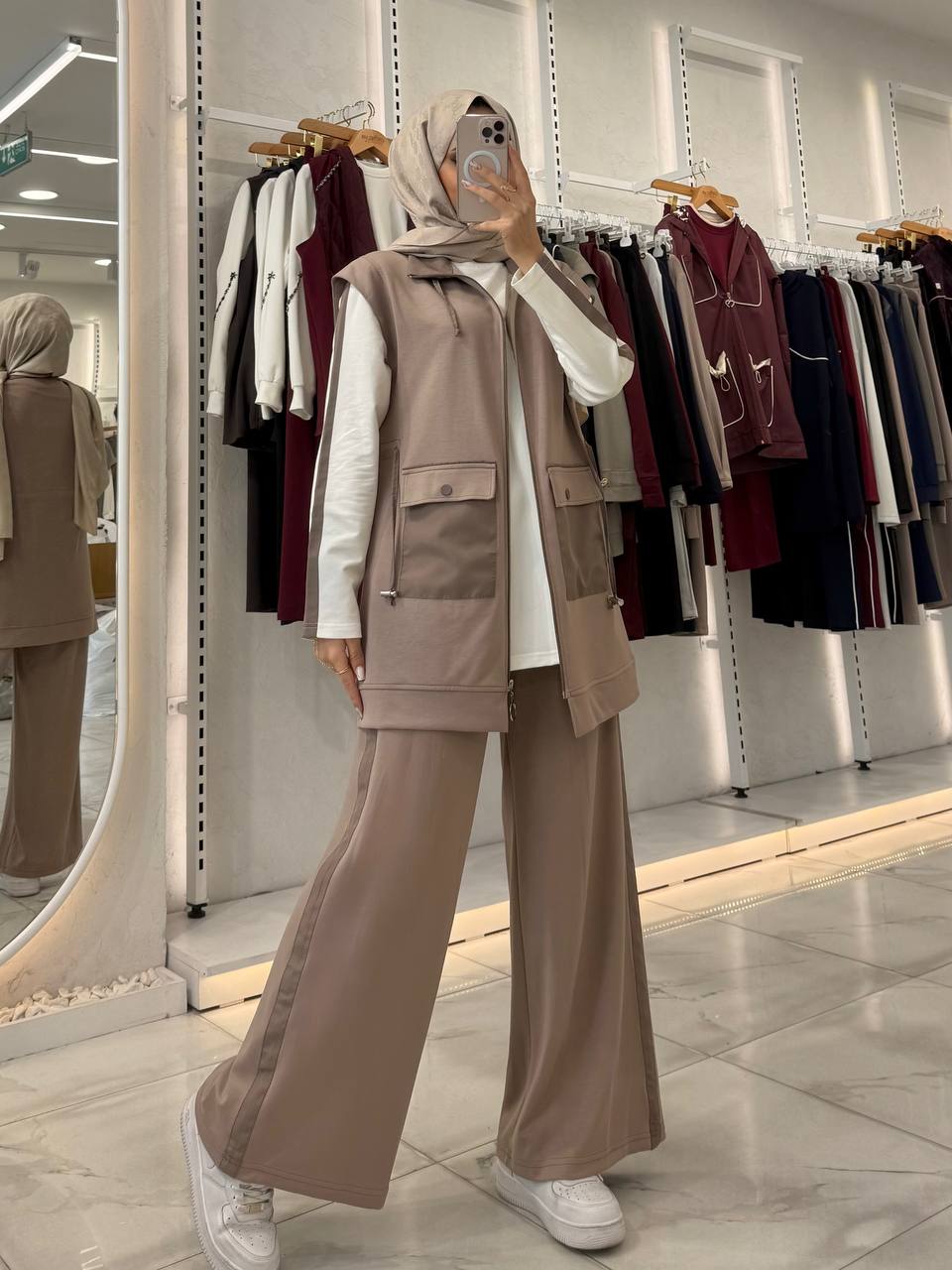 Cepli Fermuarlı Yelekli Çizgi Kollu Üçlü Takım - Vizon