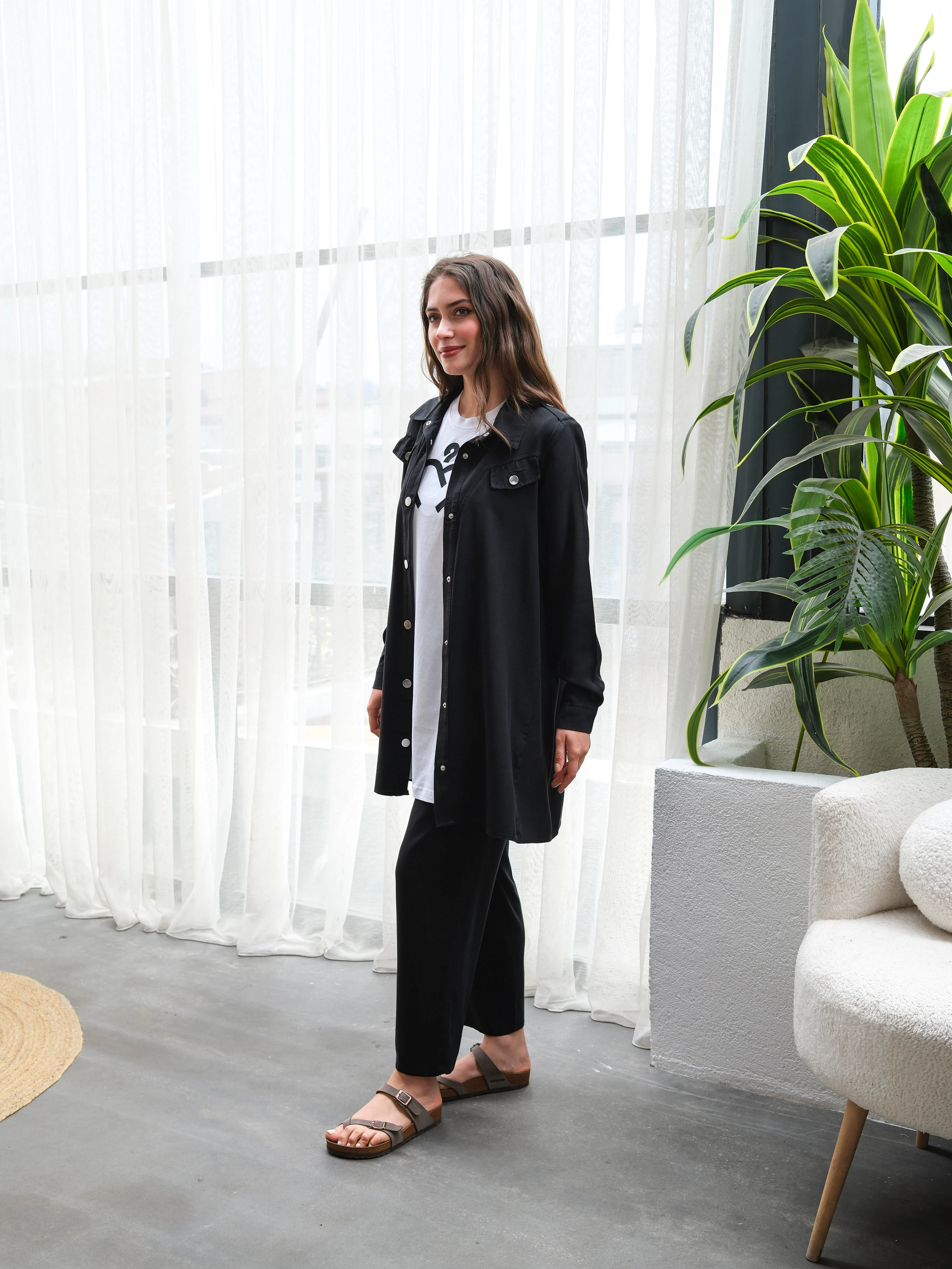 Tensel  Kumaş Çıtçıtlı Cep Detaylı Üçlü Takım