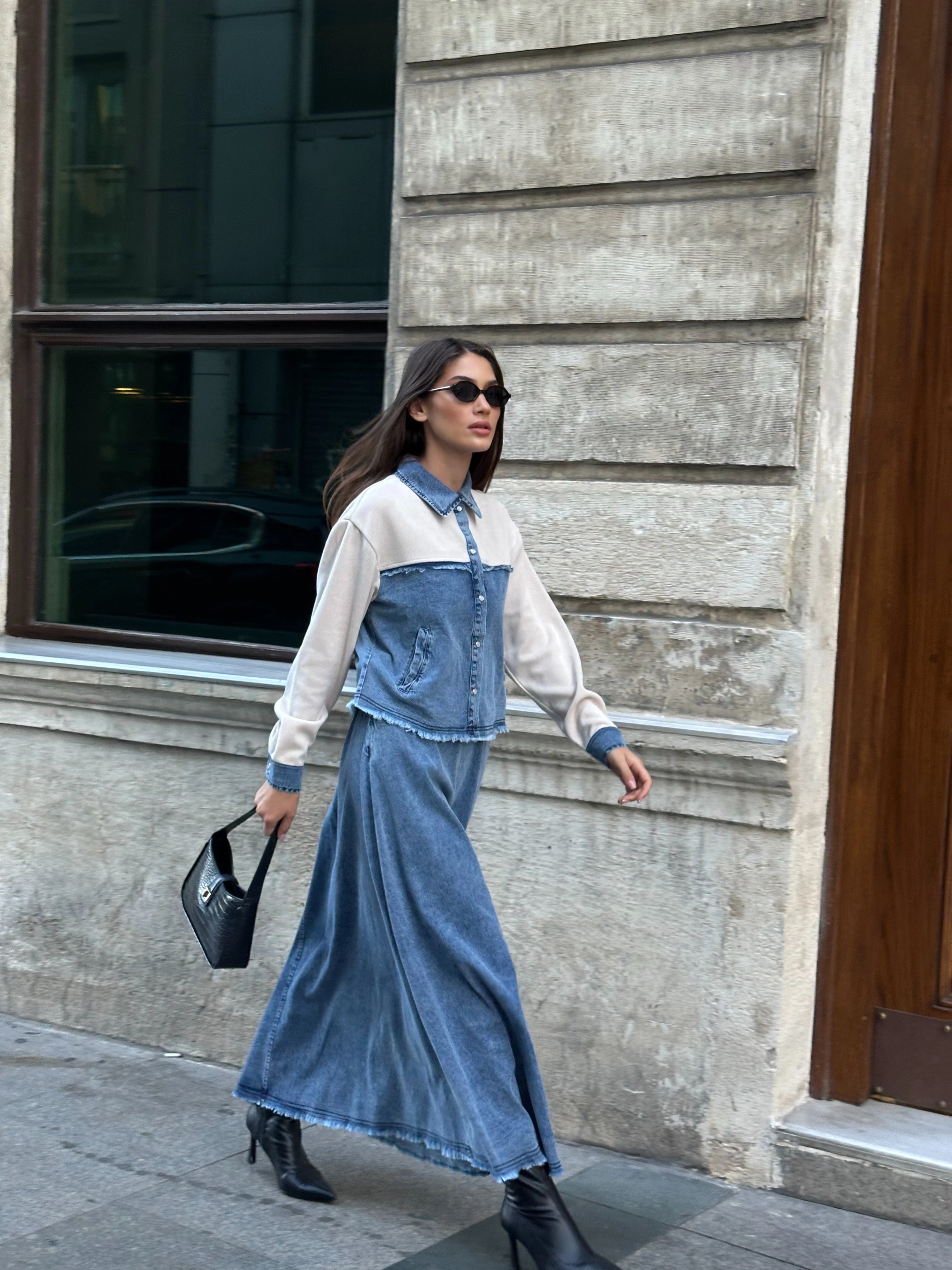 Kontrast Detaylı Yumuşak Denim Uzun Etek Takım