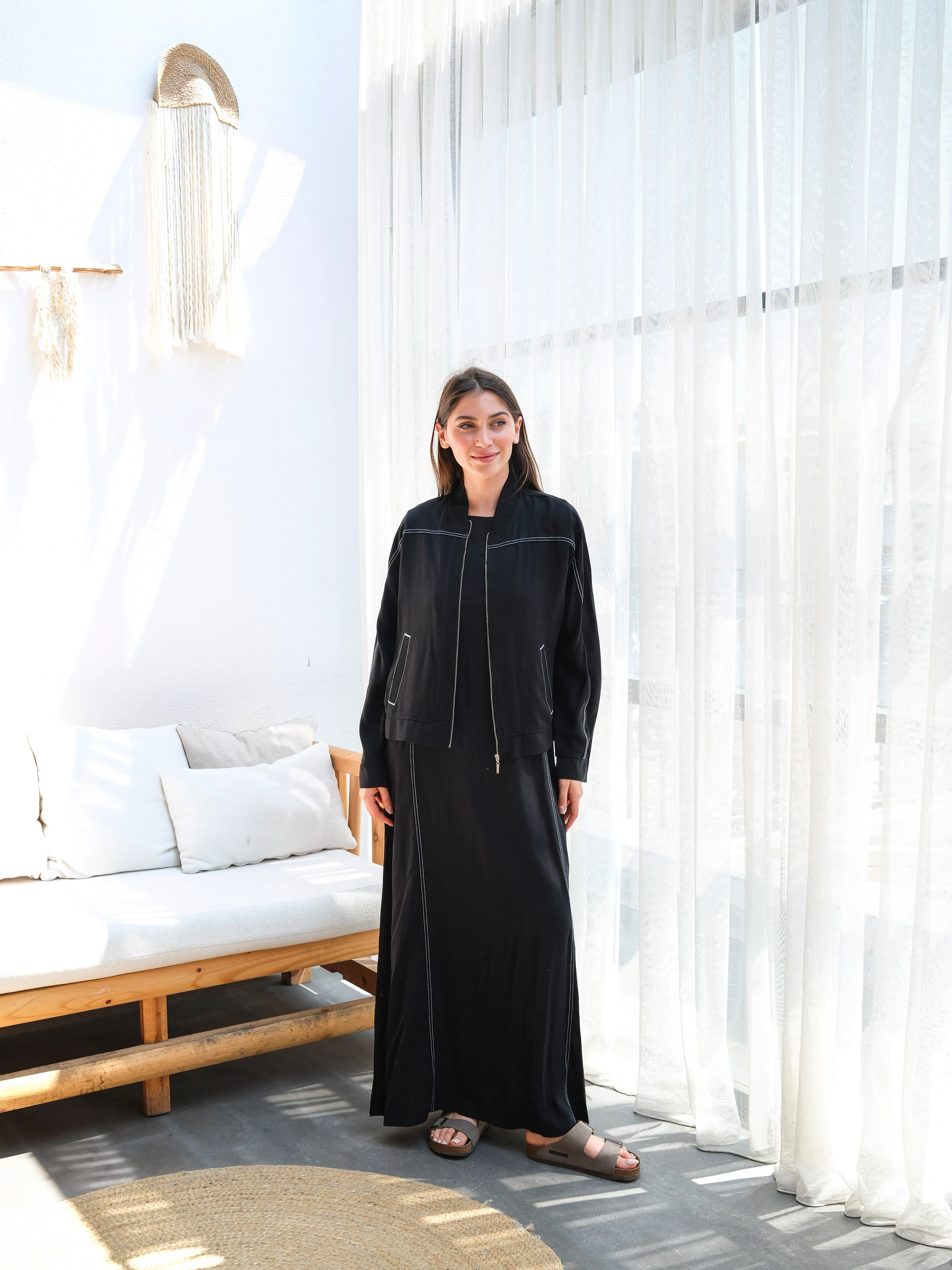 Tensel Zarif Dikiş Detaylı Rahat Kesim İkili Elbise - Siyah