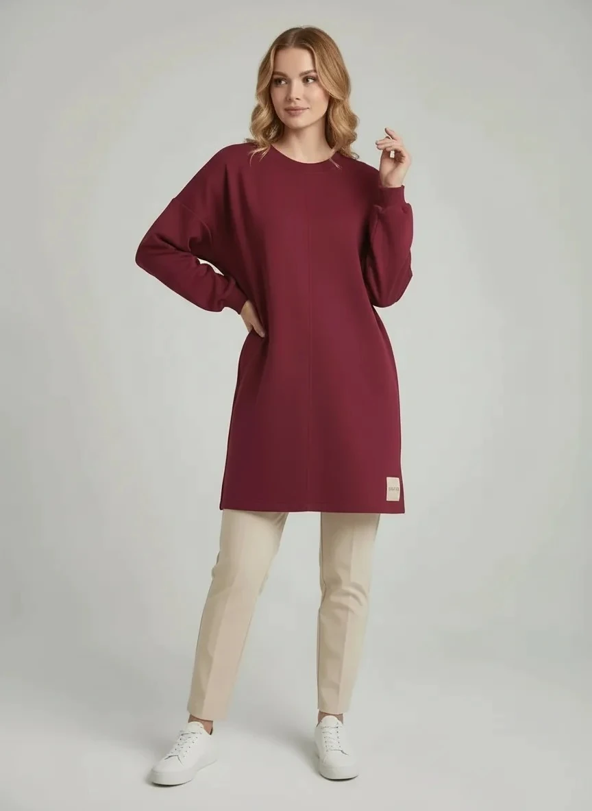 Akıcı Formlu Modern Kesim Yan Detaylı Uzun Tunik - Bordo