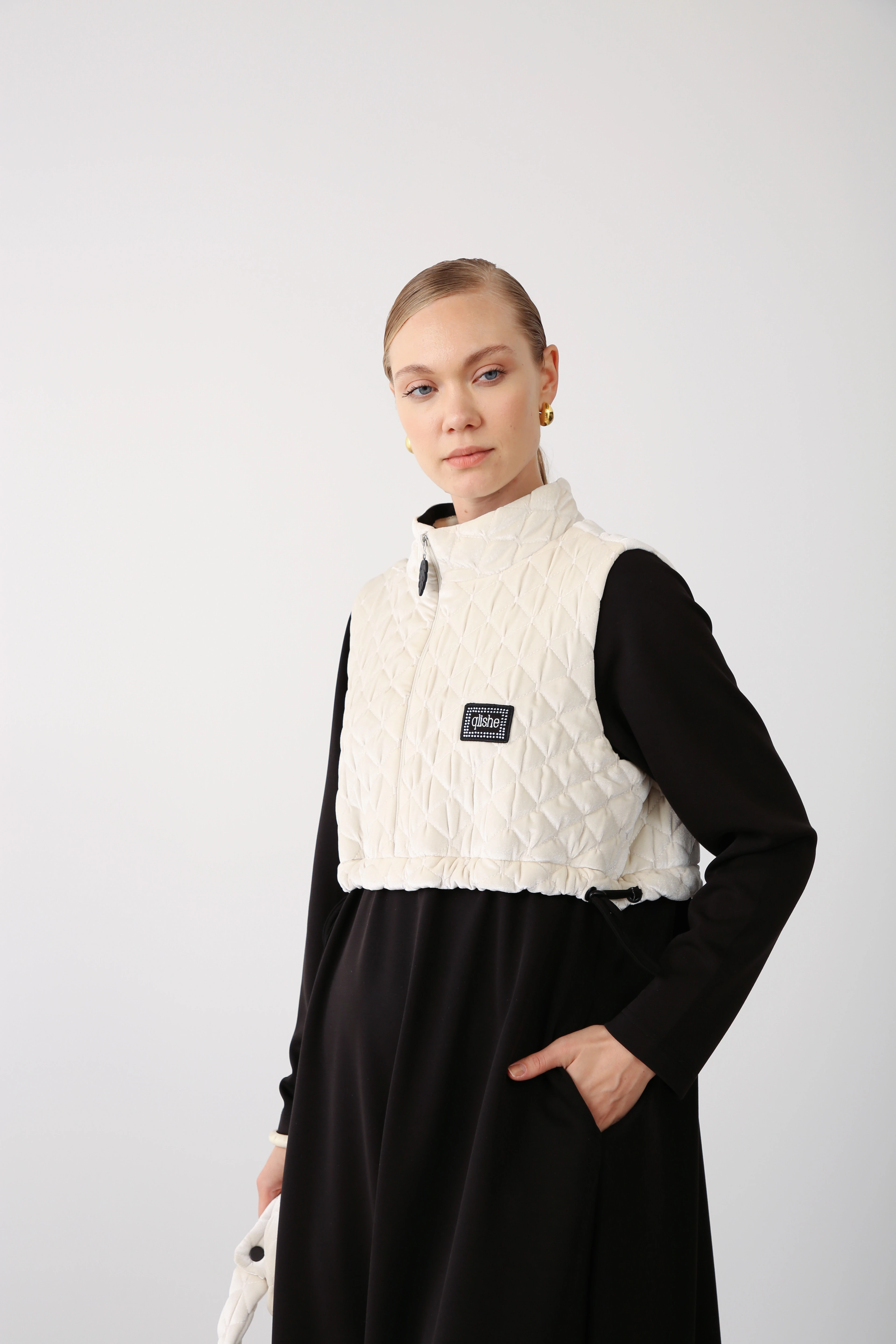 Kapitone Kadife Yelekli Uzun Elbise İkili Takım