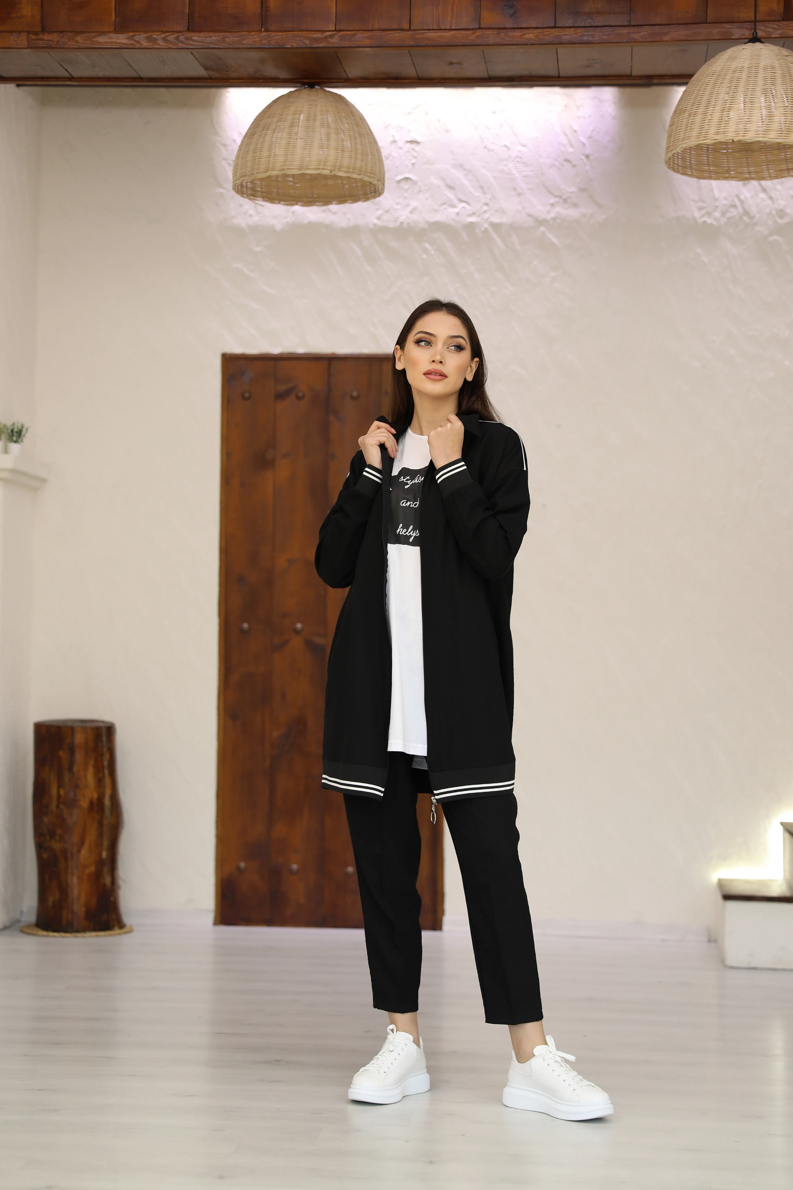 Büyük Beden Şerit Detaylı Fermuarlı Uzun Ceketli Üçlü Takım - Siyah