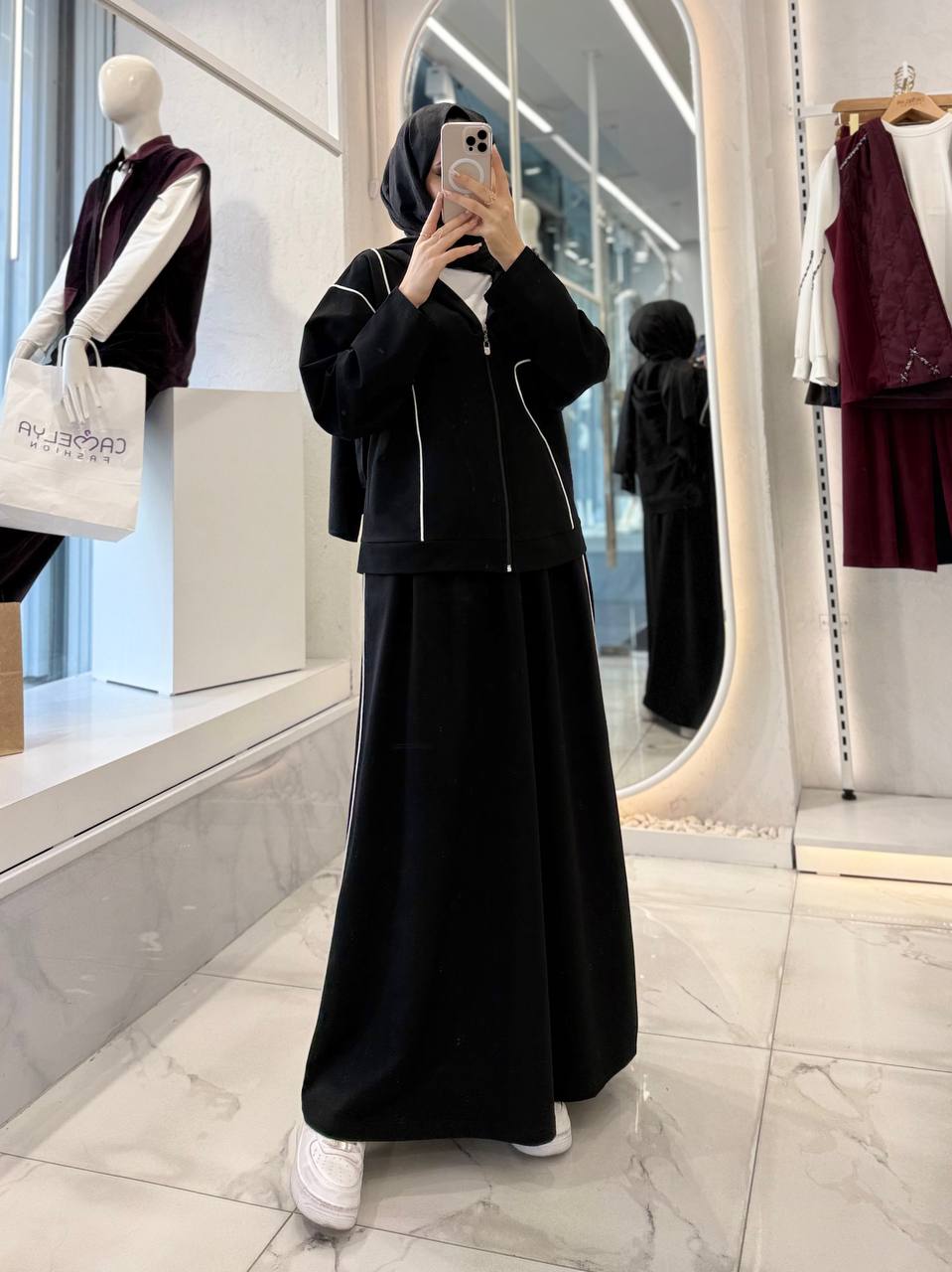 Kontrast Şeritli Fermuarlı İkili Etek Takım - Siyah