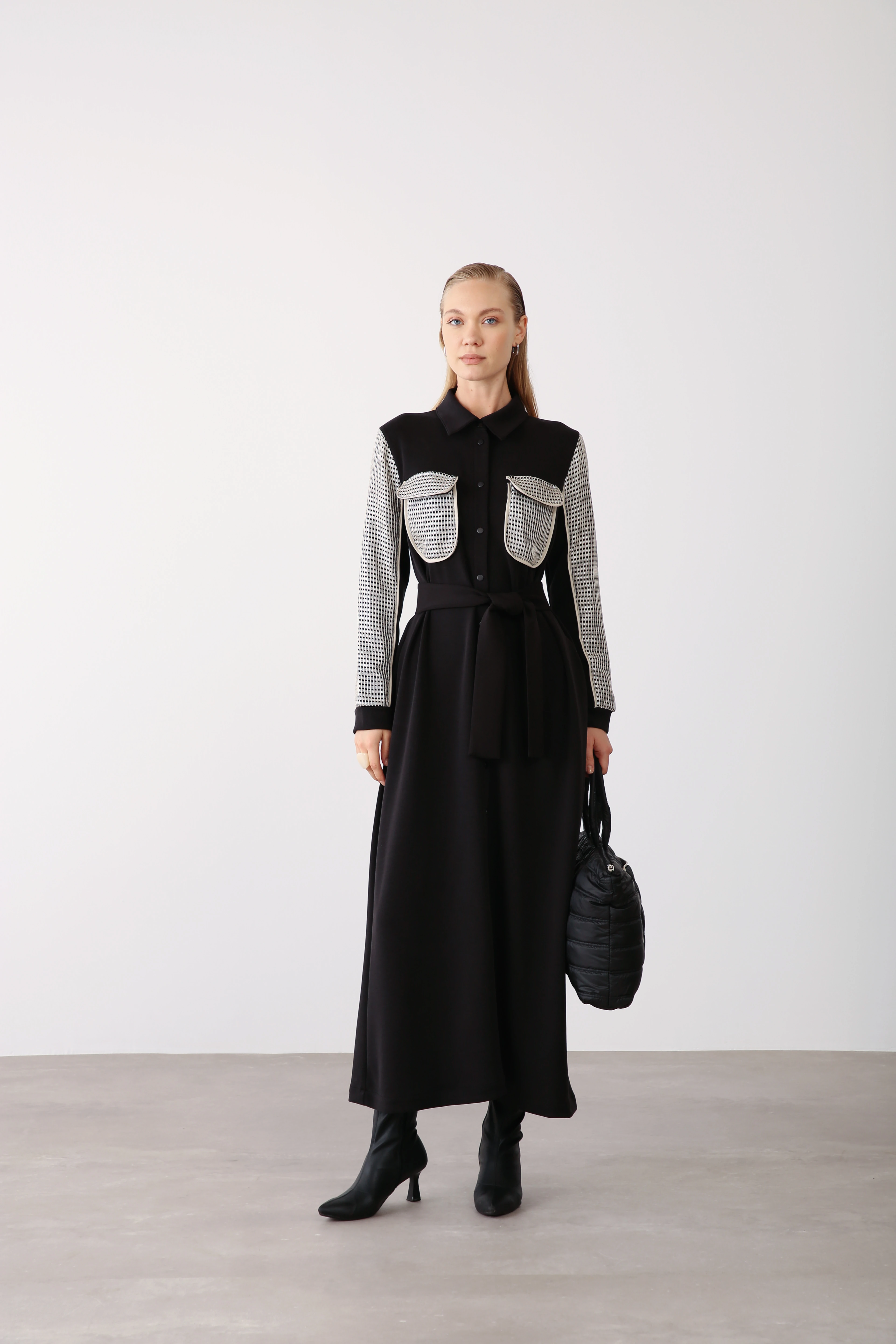 Desenli File Detaylı Yelek ve Elbise İkili Takım