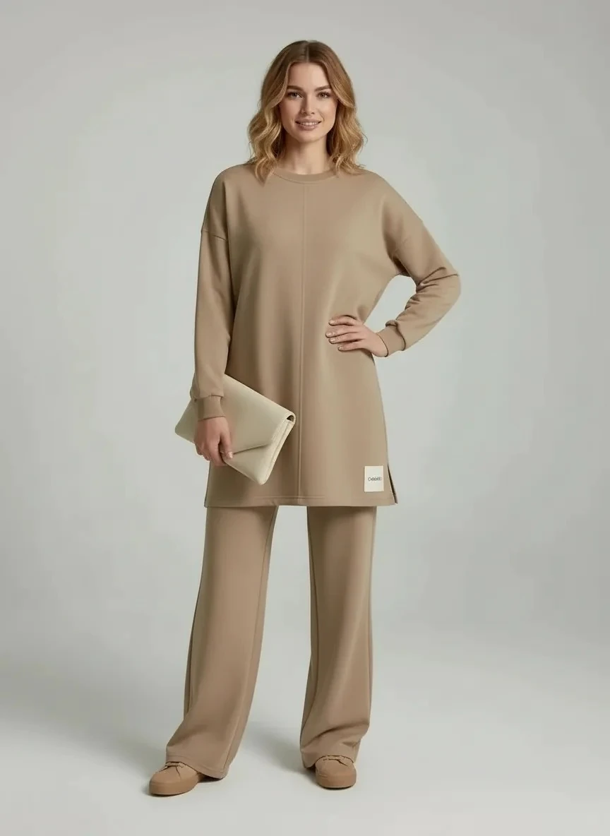 Akıcı Formlu Modern Kesim Yan Detaylı Uzun Tunik - Vizon