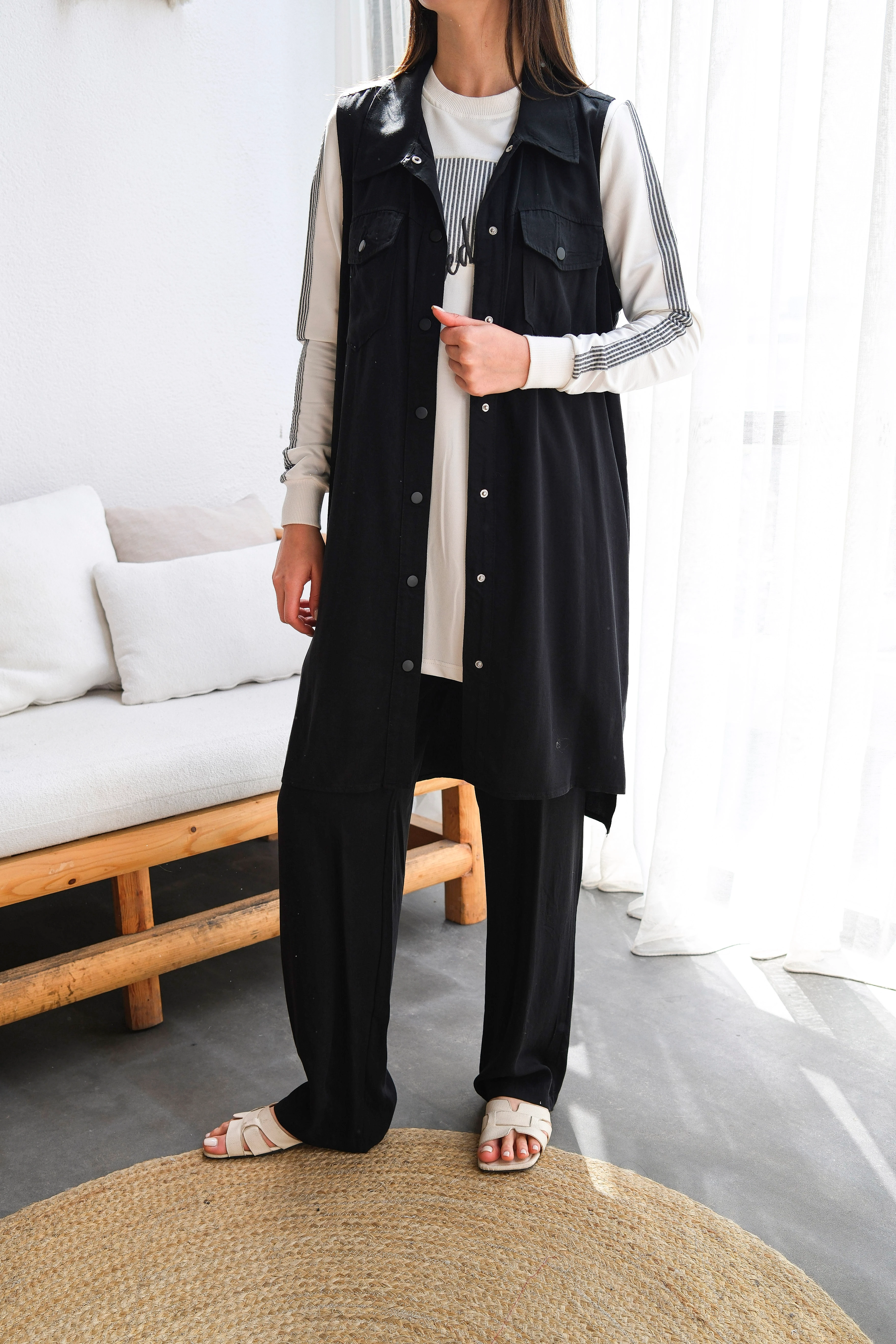 Tensel Kumaş Önü Düğmeli Uzun Yelekli Üçlü Takım