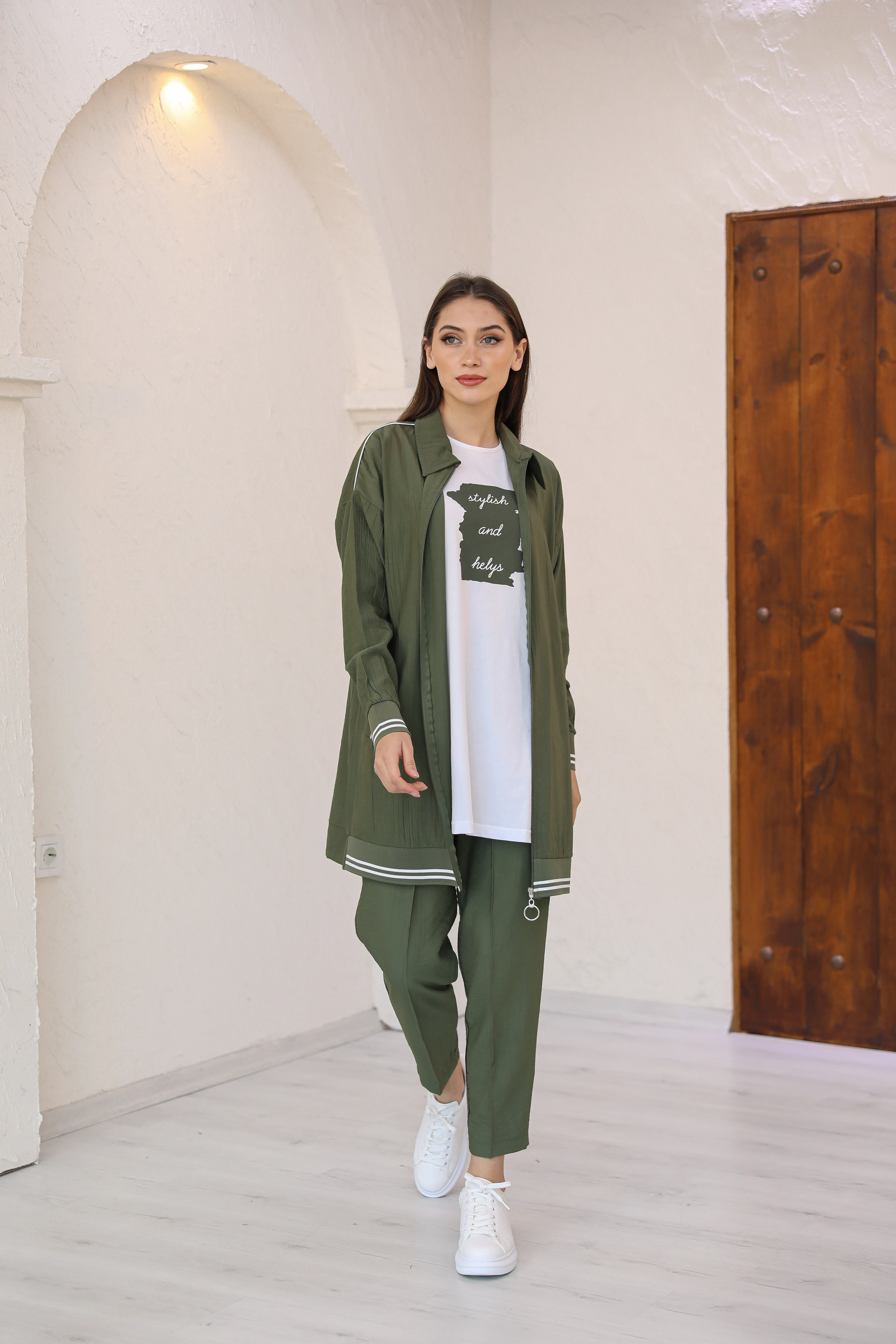 Alice Kumaş Ribana Detaylı Fermuarlı Üçlü Takım - Haki