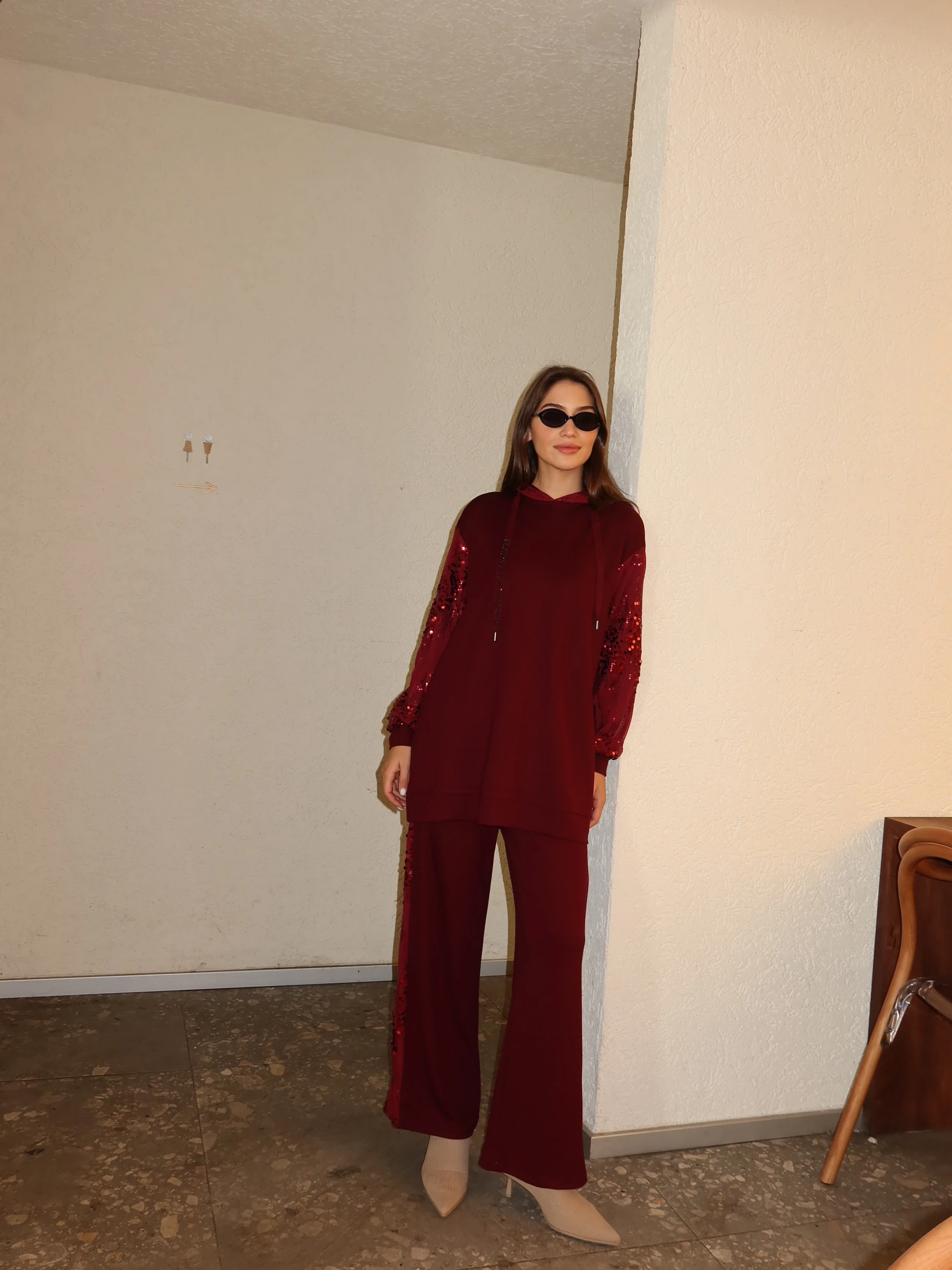 Pul Payet Detaylı Rahat Kesim İkili Takım - Bordo