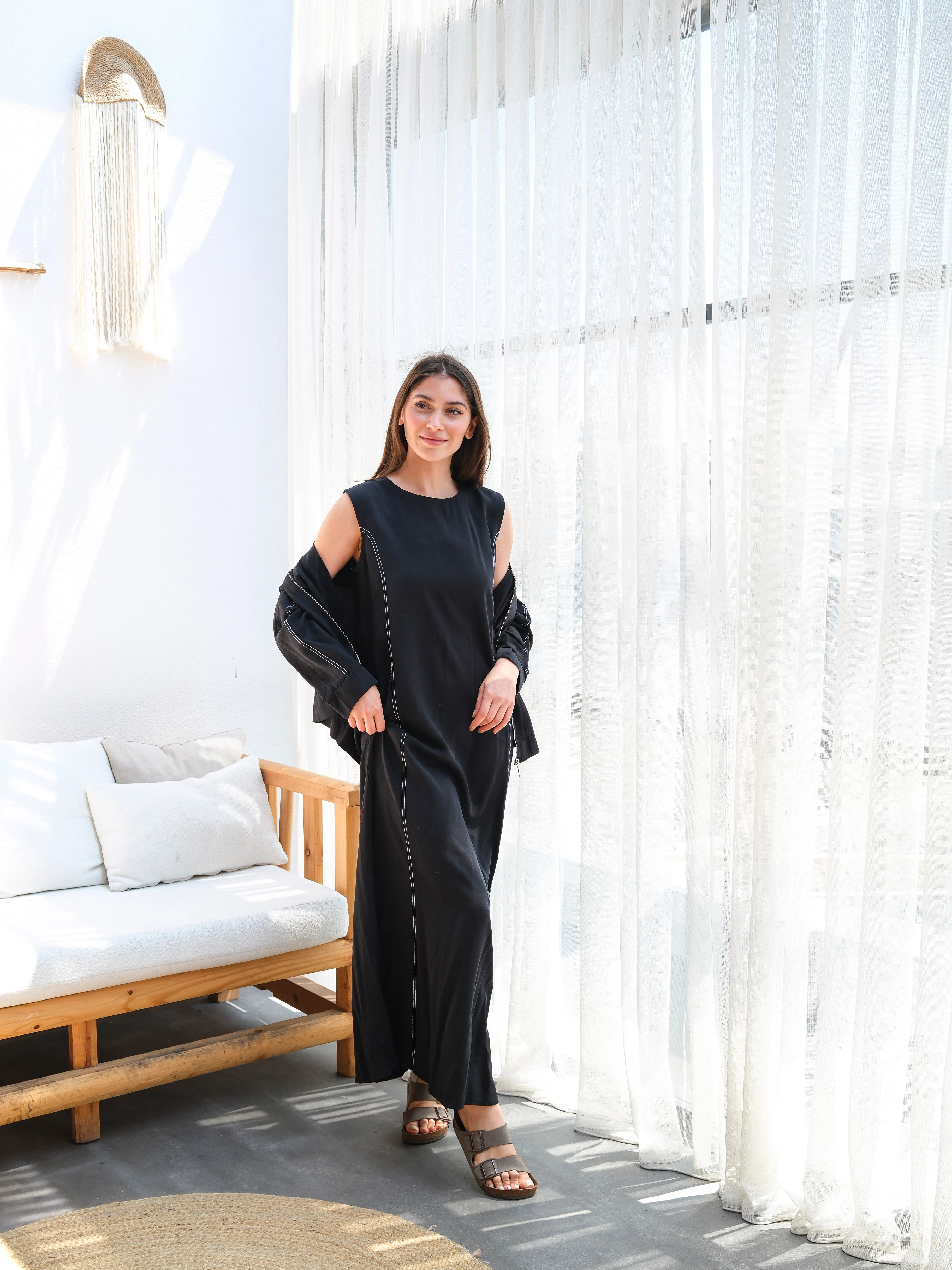 Tensel Zarif Dikiş Detaylı Rahat Kesim İkili Elbise