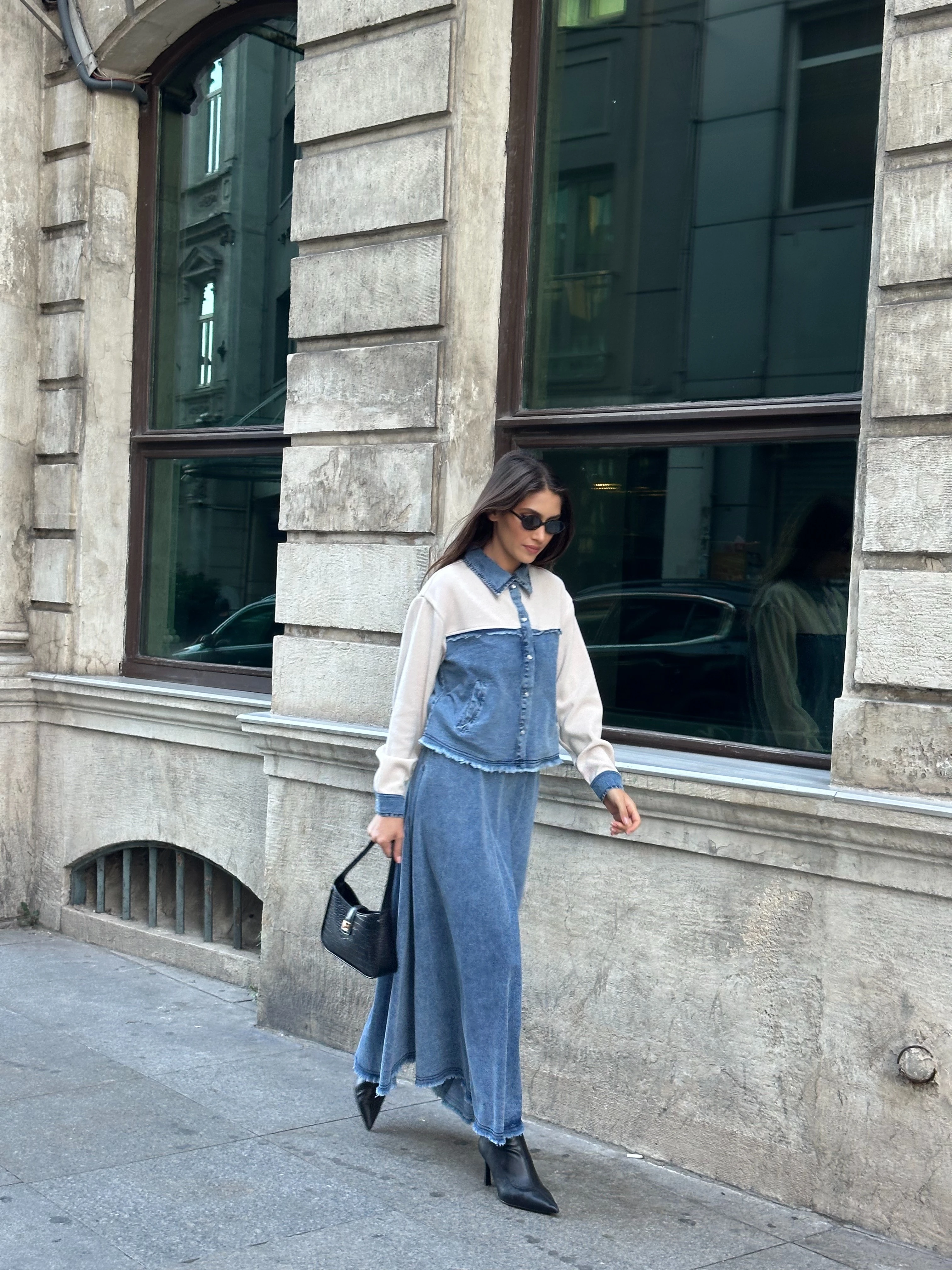 Kontrast Detaylı Yumuşak Denim Uzun Etek Takım - Açık Kot