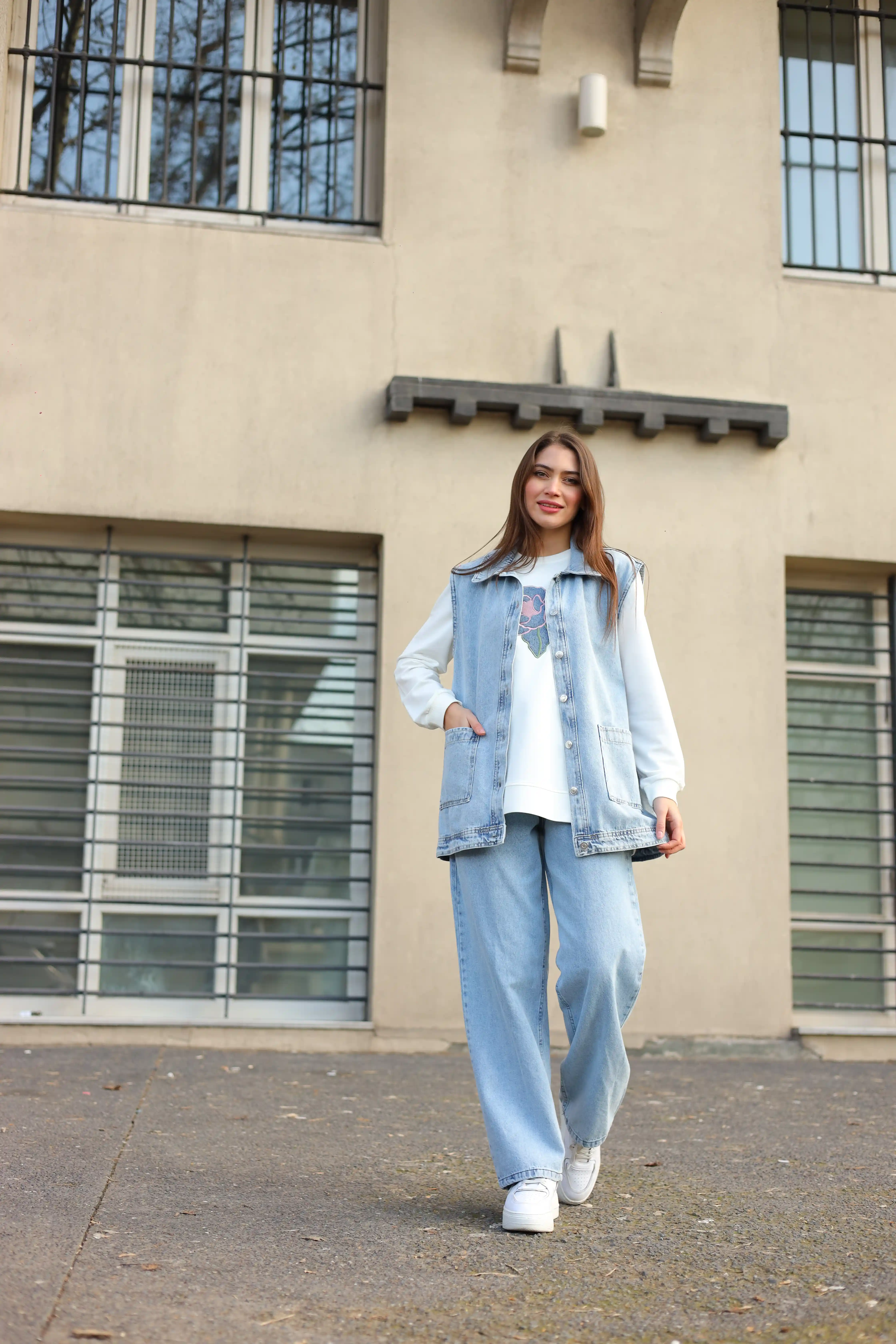 Kot Kumaş Rahat Kesim Cepli Yelekli Üçlü Takım