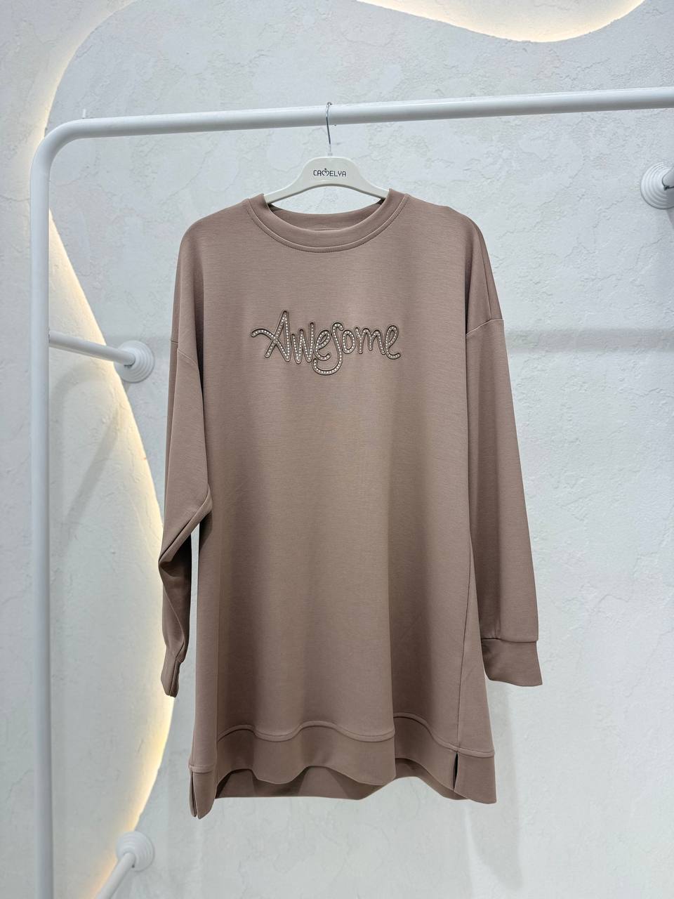 Oysho Kumaş Taş İşlemeli Rahat Kesim Yan Yırtmaçlı Tunik - Vizon