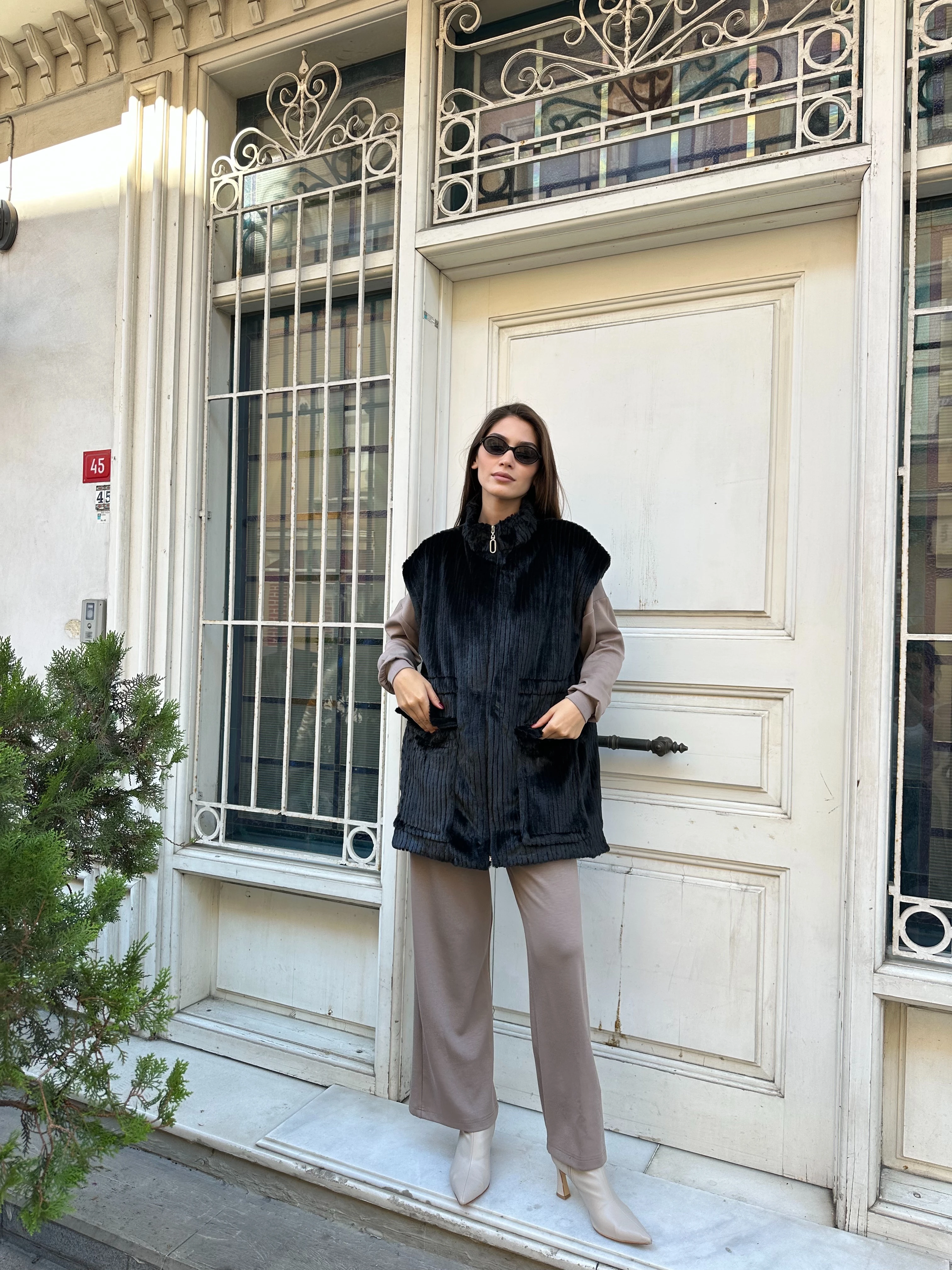 Peluş Fitilli Cepli Fermuarlı Yelek