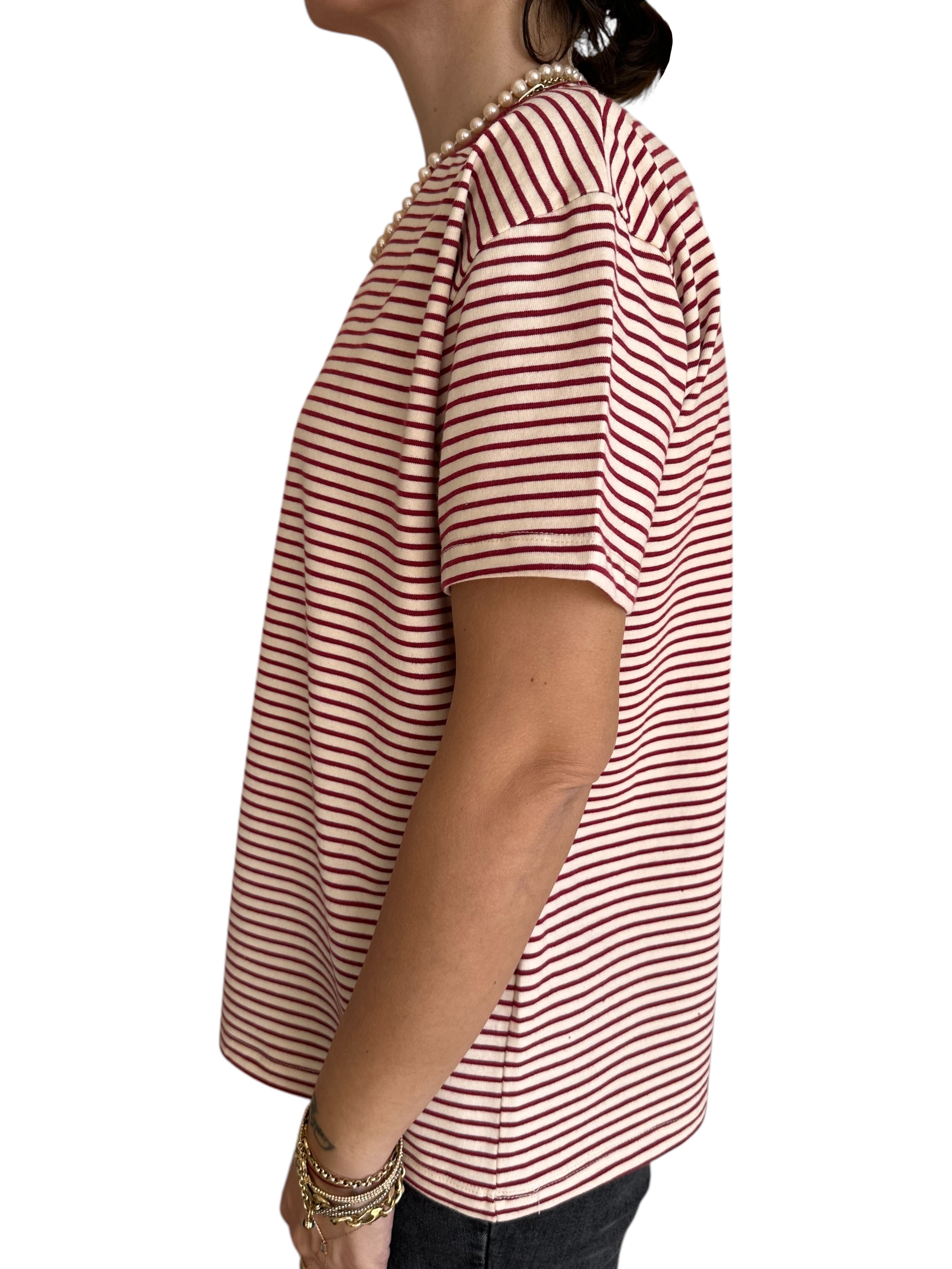 Bordo Çizgili T-Shirt