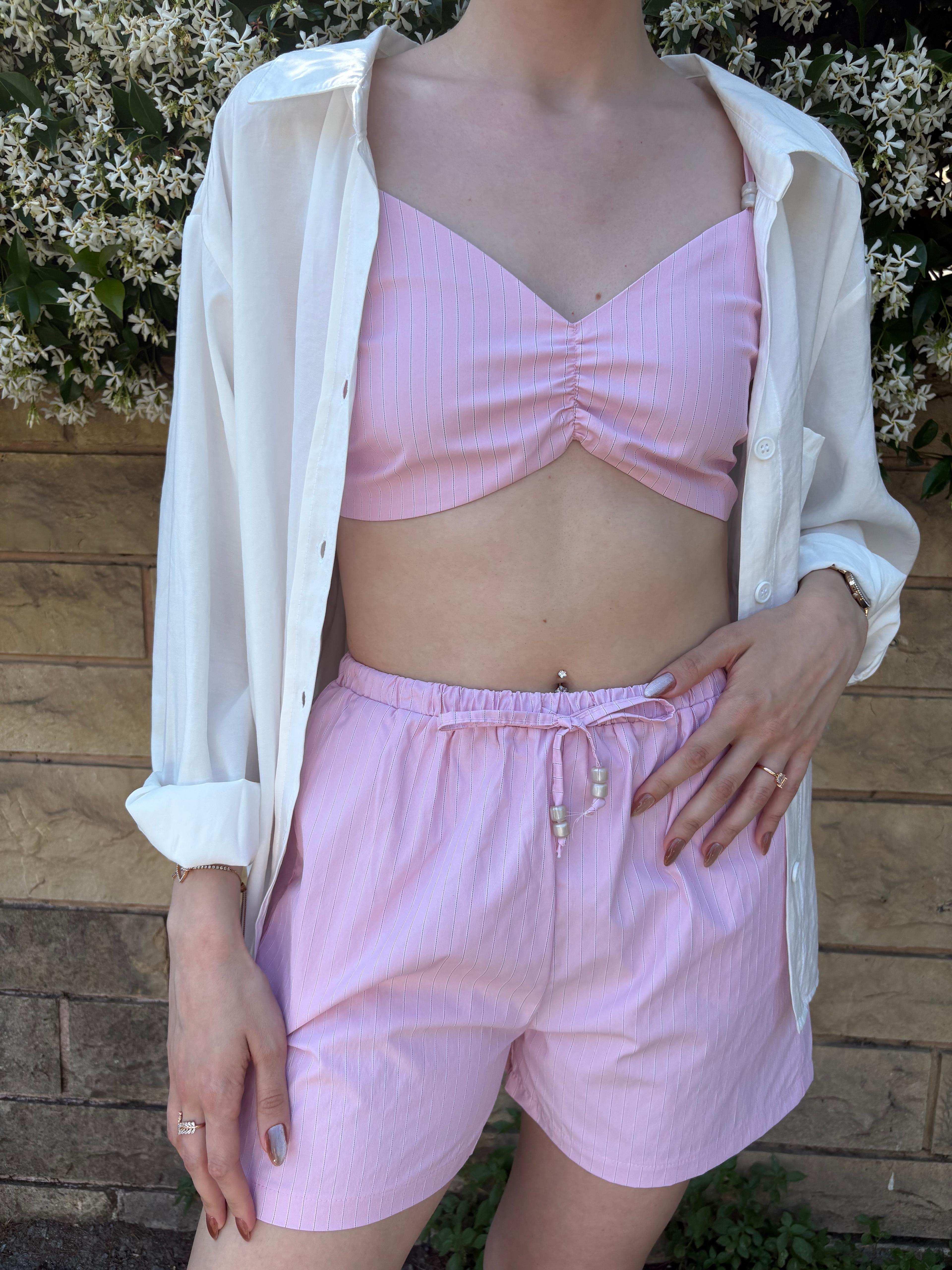 Pembe Poplin Şortlu Takım