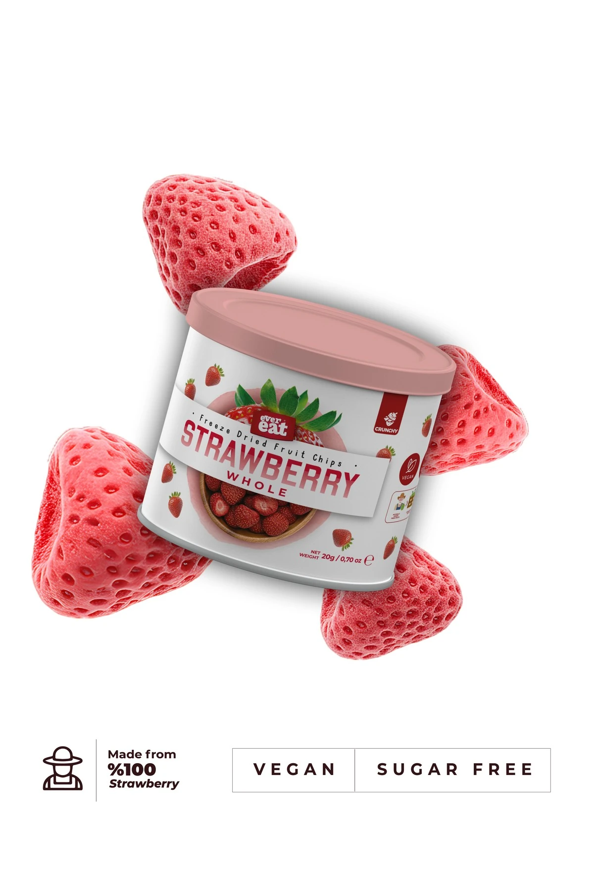 Dondurularak Kurutulmuş Bütün Çilek - Freeze Dry Teneke Kutu