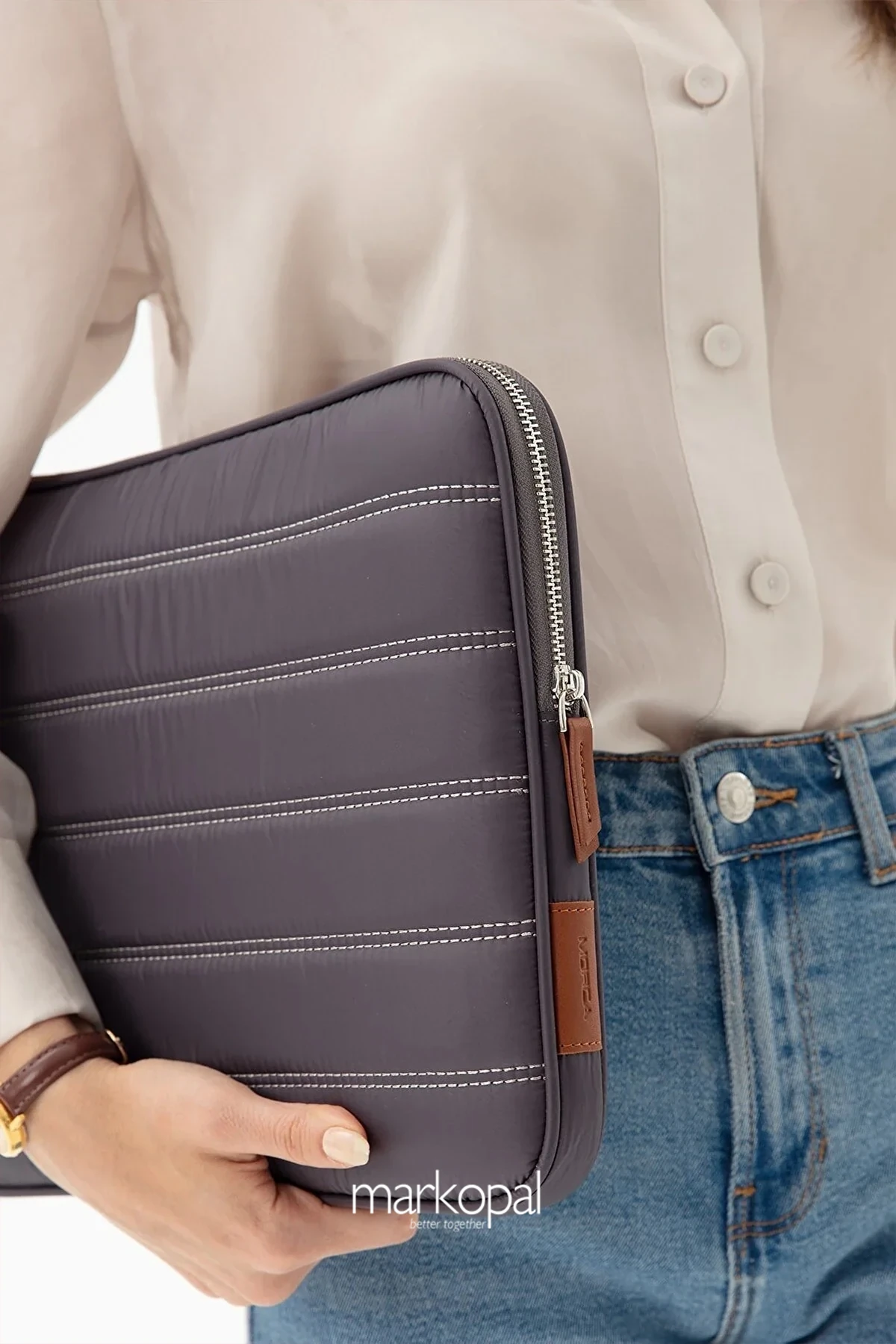 MORCA Macbook Kılıf Notebook Çanta Tablet Laptop Kılıfı 13"-14" Çizgili Su Geçirmez Kumaş Bej