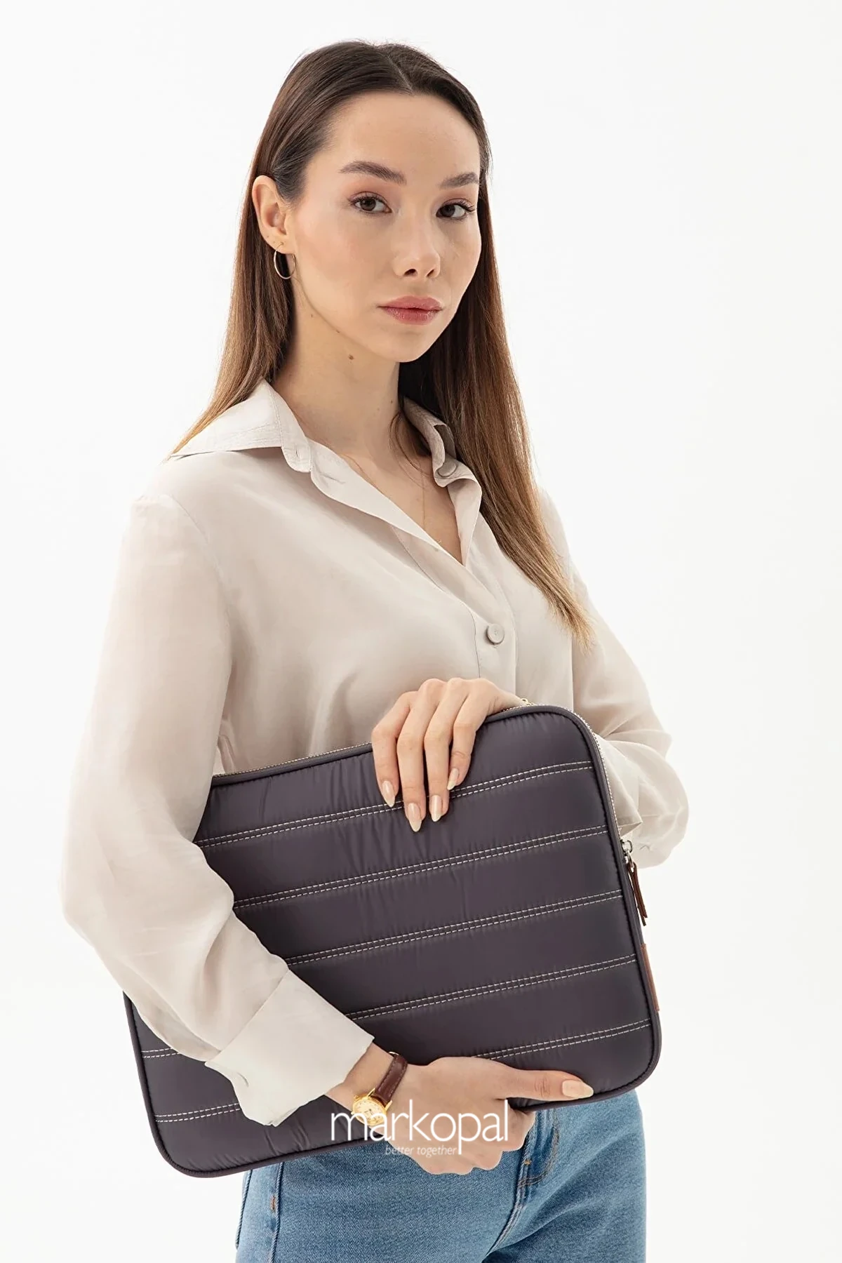 MORCA Macbook Kılıf Notebook Çanta Tablet Laptop Kılıfı 13"-14" Çizgili Su Geçirmez Kumaş Bej